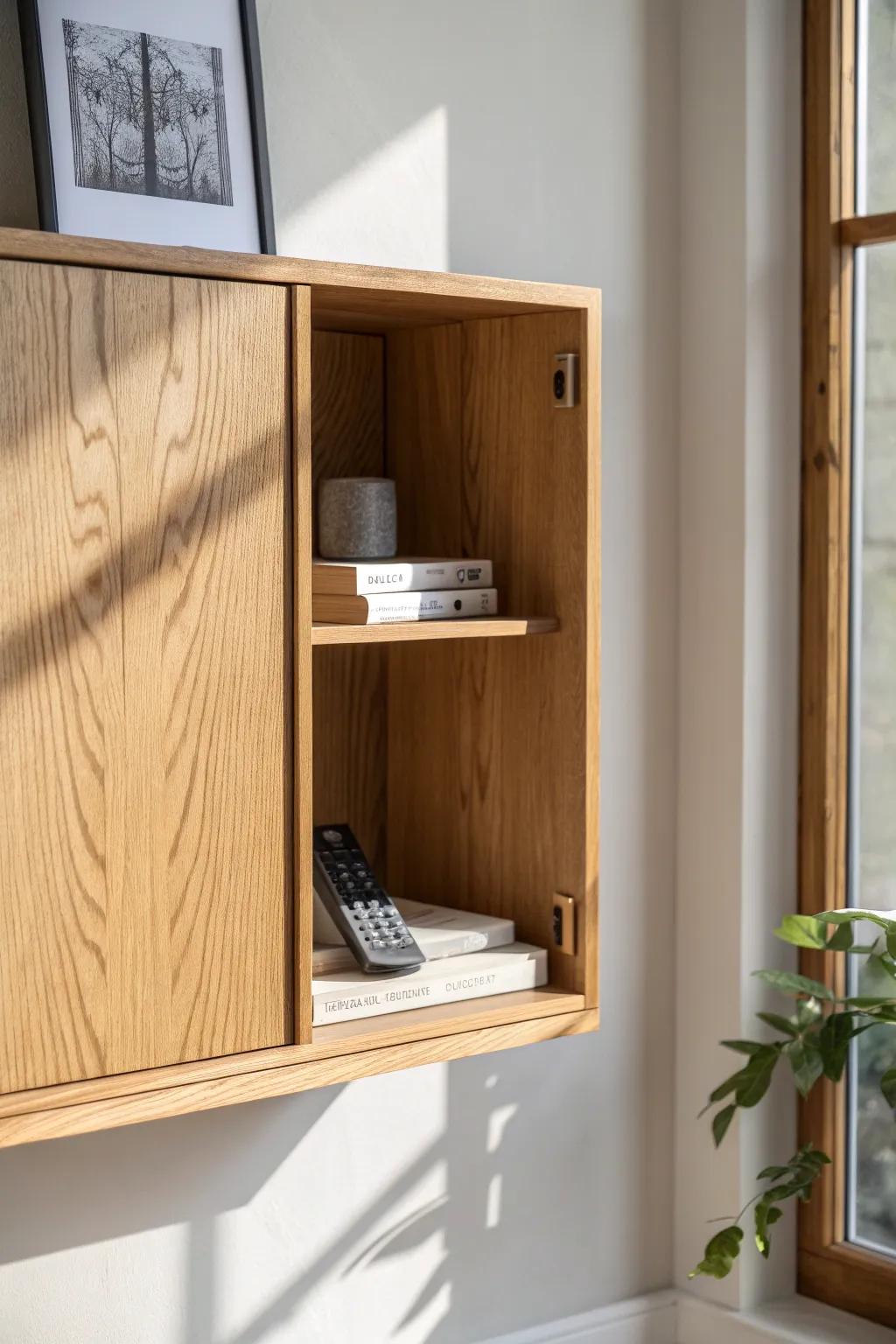 Wall art that secretly stores remotes and notes—sleek Scandinavian style for tiny living rooms.