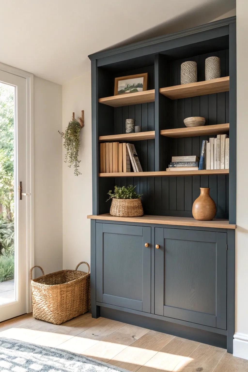 Dark painted built-ins add instant contrast—making shelves feel curated, calm, and intentional.