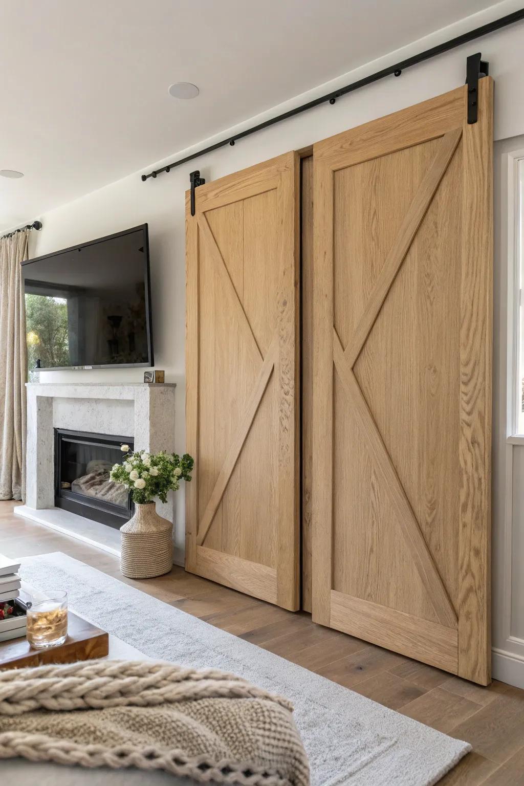 Hide the TV over your fireplace with sleek oak sliding panels for a clean, cozy look.