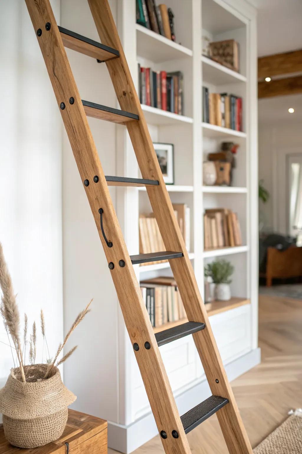 A sliding oak library ladder turns tall shelves into a custom, cozy reading wall.