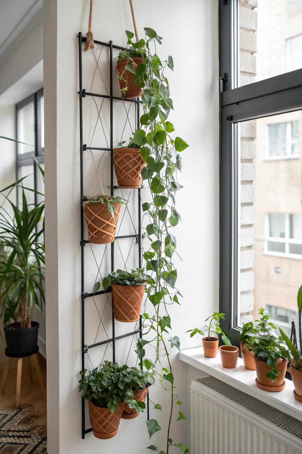 Make your loft wall bloom: a slim vertical plant grid that saves floor space and stuns.