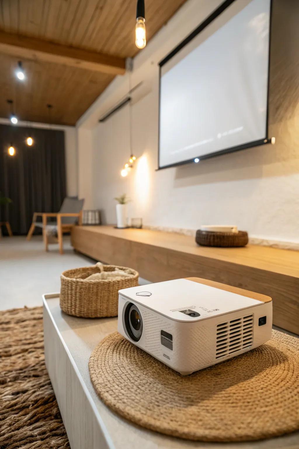 A sleek projector wall keeps a long narrow basement open, cozy, and beautifully minimal.