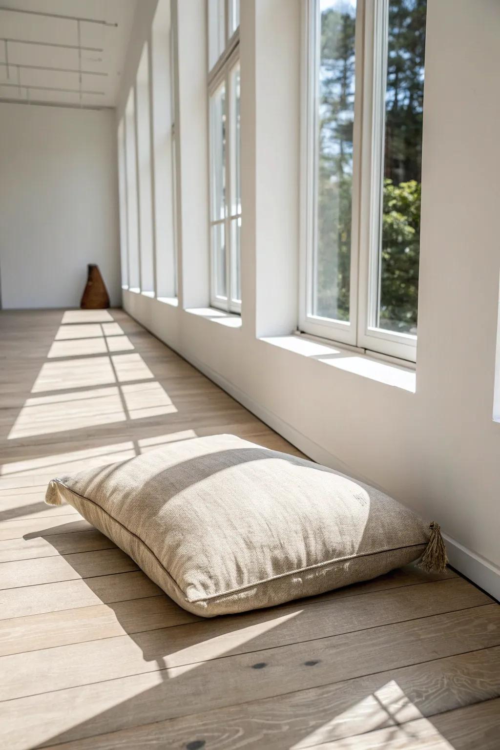 Oversized linen floor cushion turns a narrow sunroom wall into a cozy lounge lane.