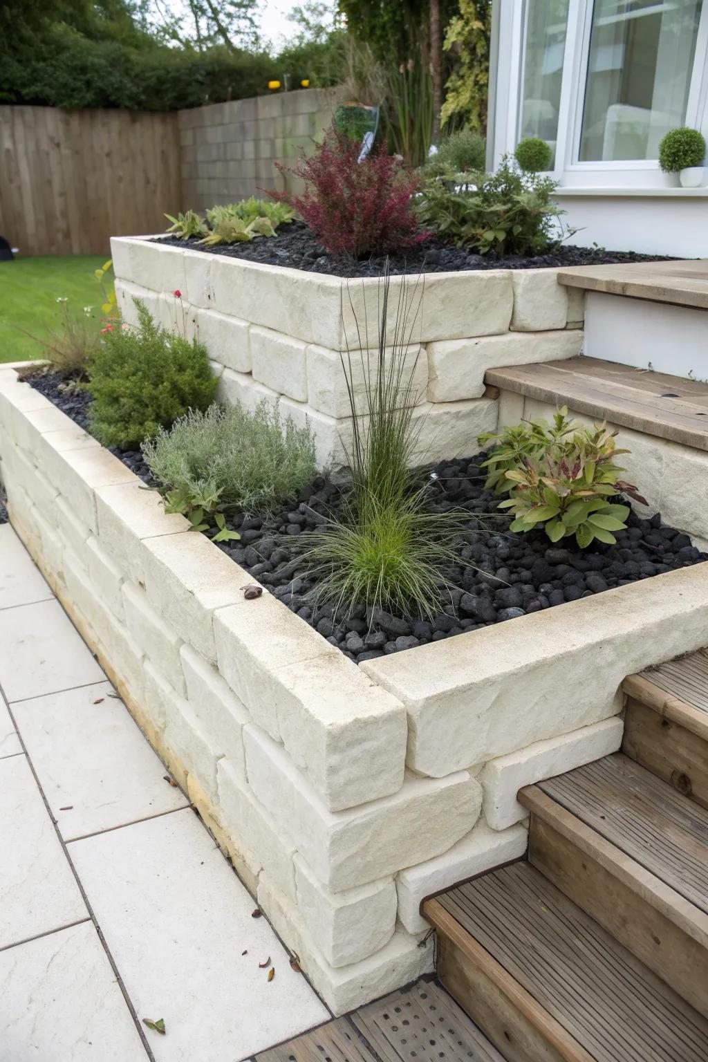 A mini split-level corner wall creates a tidy planting tier and a cozy perch—no fuss.