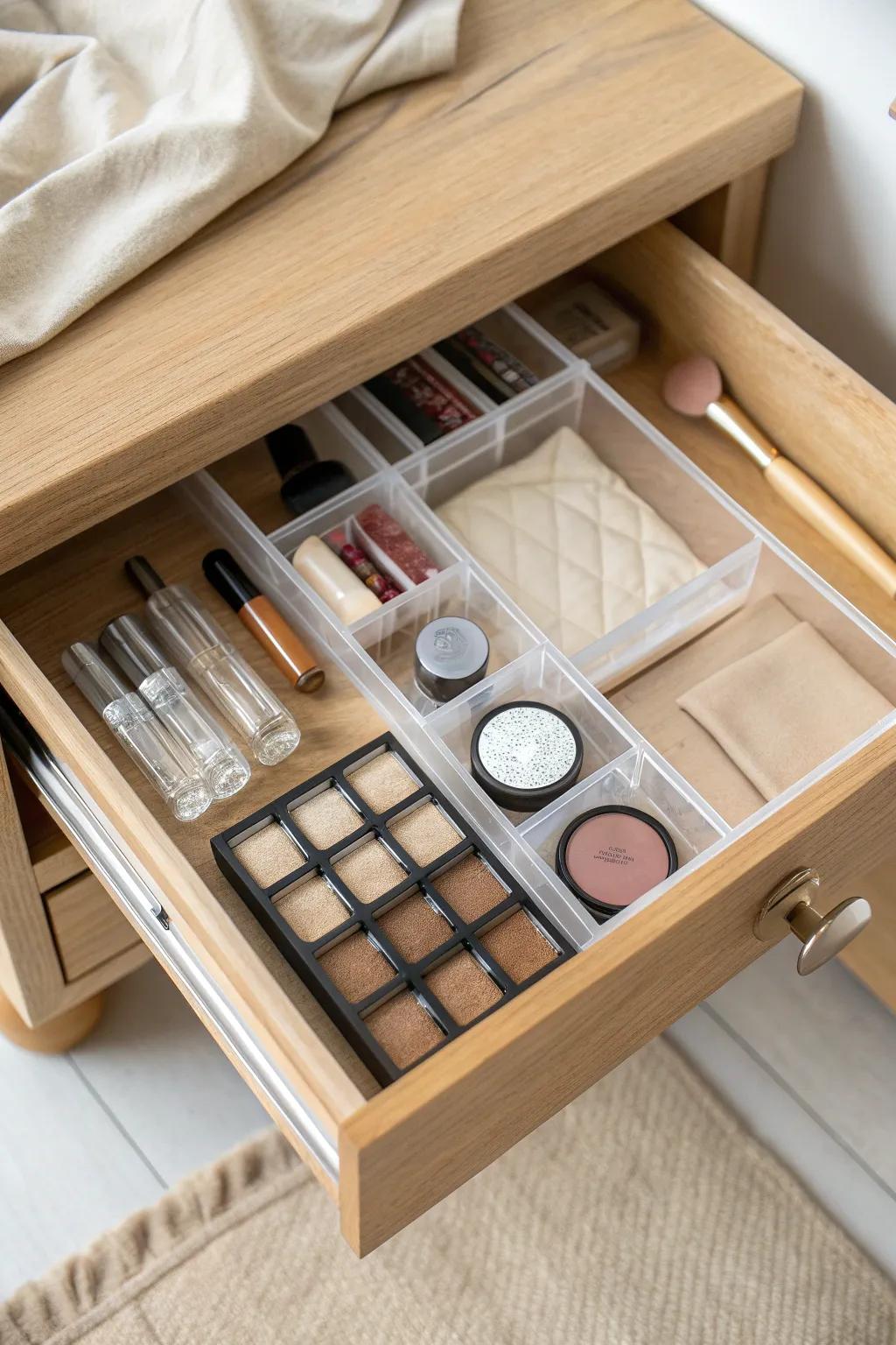 An ice cube tray turns tiny makeup pieces into perfectly neat, never-lost drawer storage.
