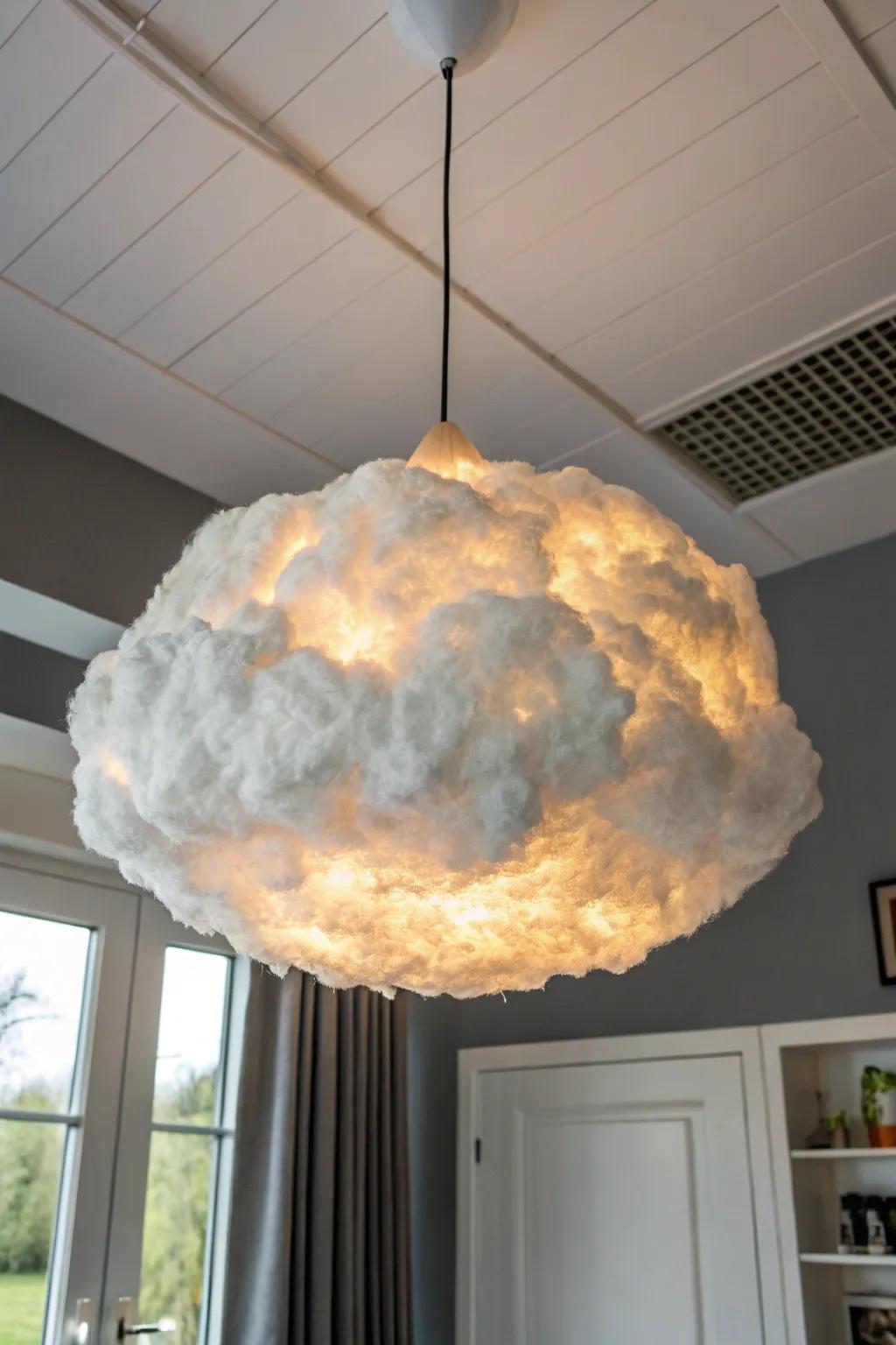 DIY storm cloud ceiling with hidden LEDs—tiny-room man cave upgrade with cinematic glow.