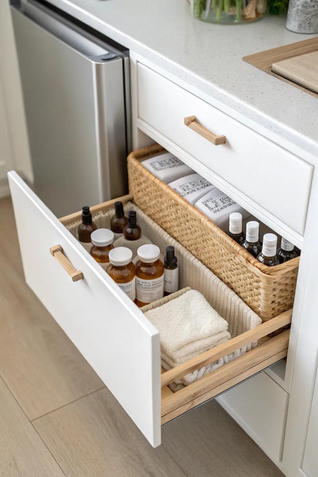 Secret slim pull‑out medicine drawer—tucked in a cabinet gap for tidy, tiny‑space storage.