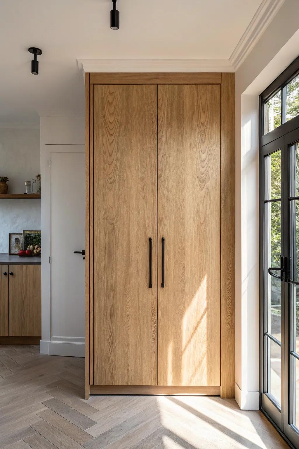 Flush oak doors hide a full micro kitchen—instant calm for studio living.