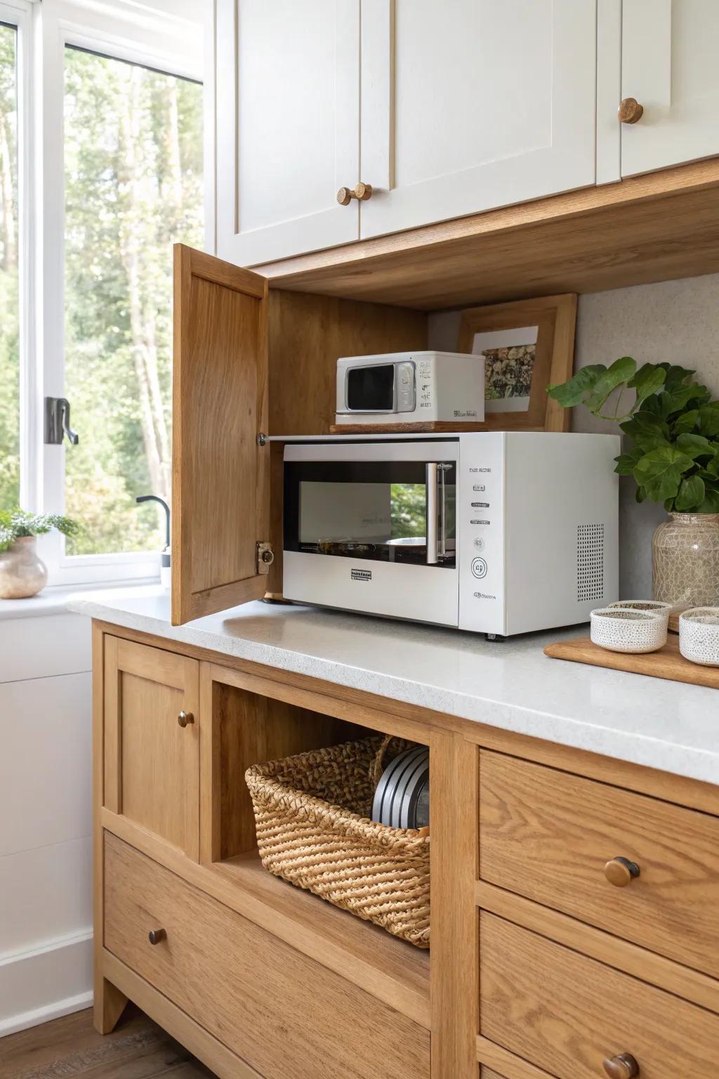 A hidden microwave lift that rises on cue—sleek, dramatic, and perfectly tucked away.