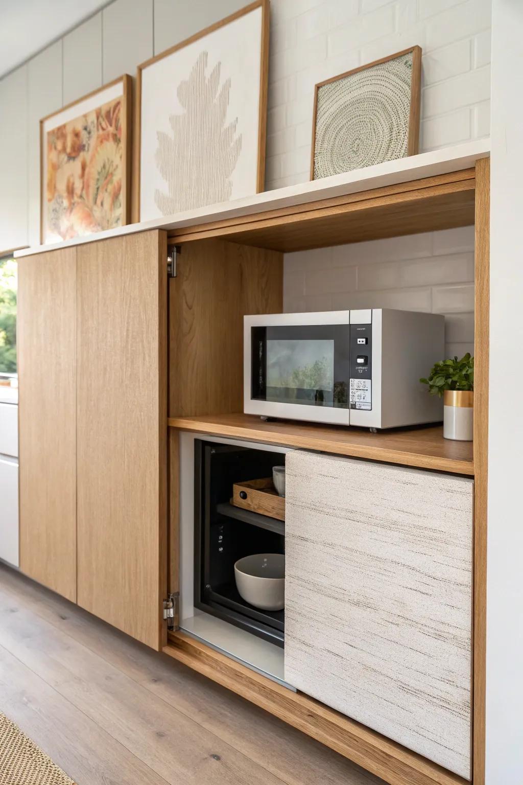 Hide your microwave in plain sight with a sliding art panel—minimal, warm, and wow-worthy.