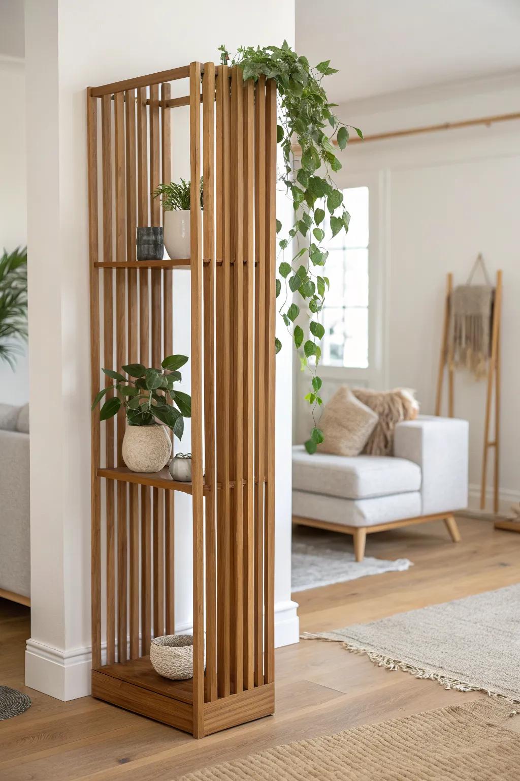 Mid‑century oak slat divider with a slim plant ledge—sculptural, airy, and alive.