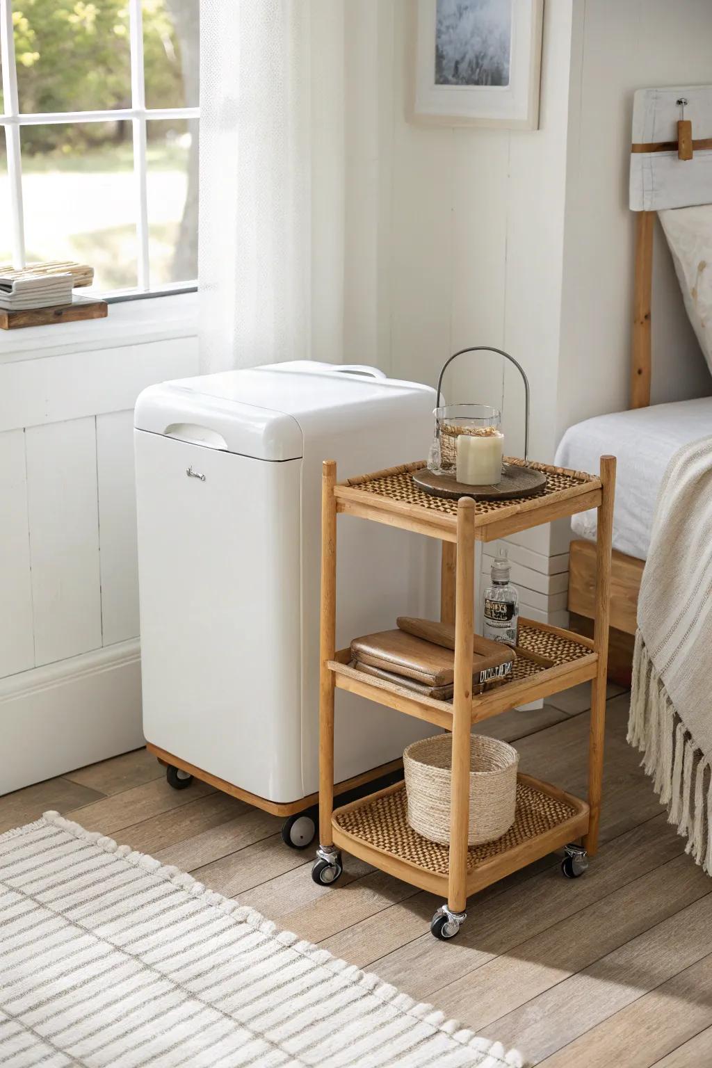 A rolling mini fridge cart adds flexible bedside-to-desk storage without cluttering a small bedroom.