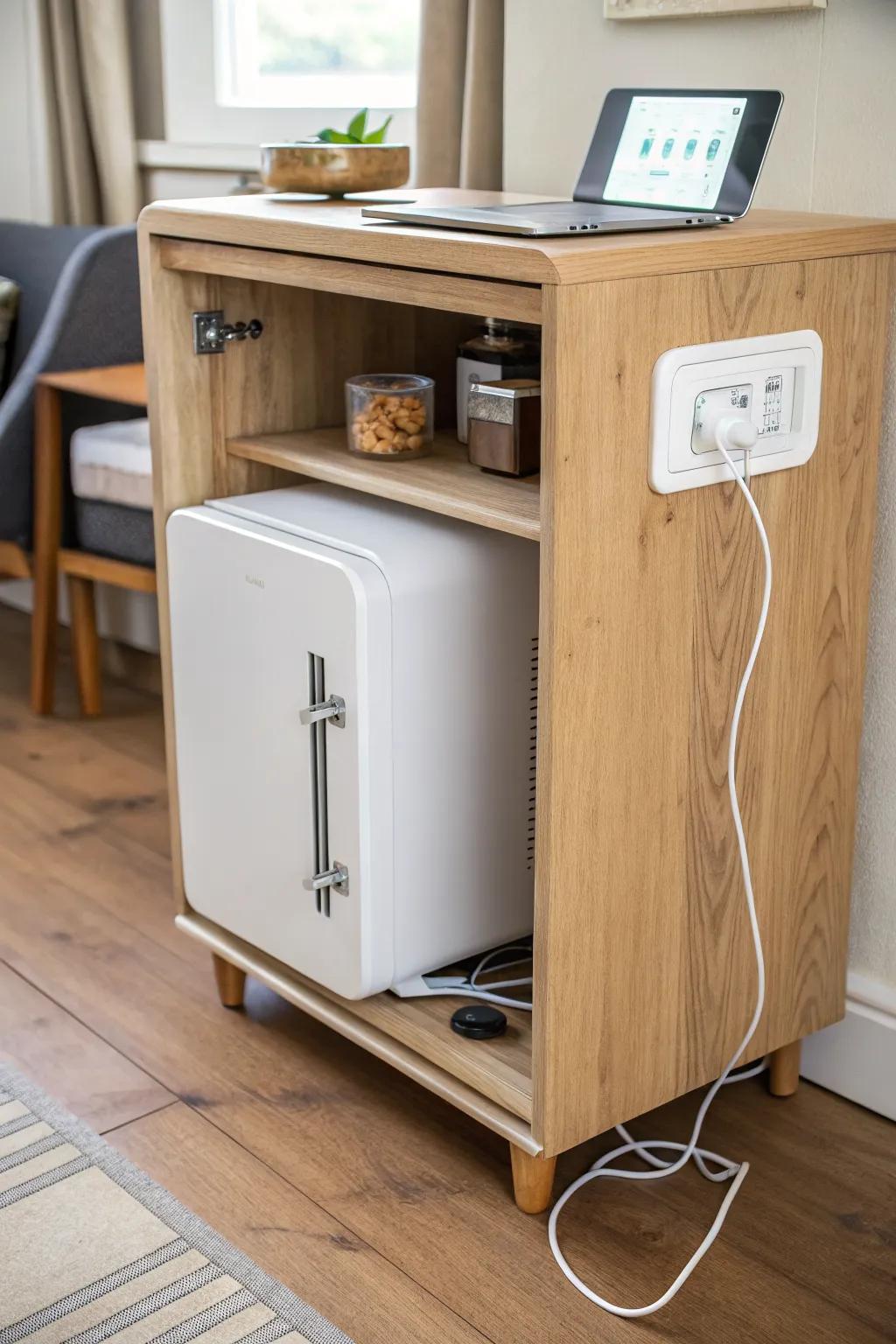 Sleek mini fridge stand with hidden power strip and cable clips—clean lines, no cord chaos.