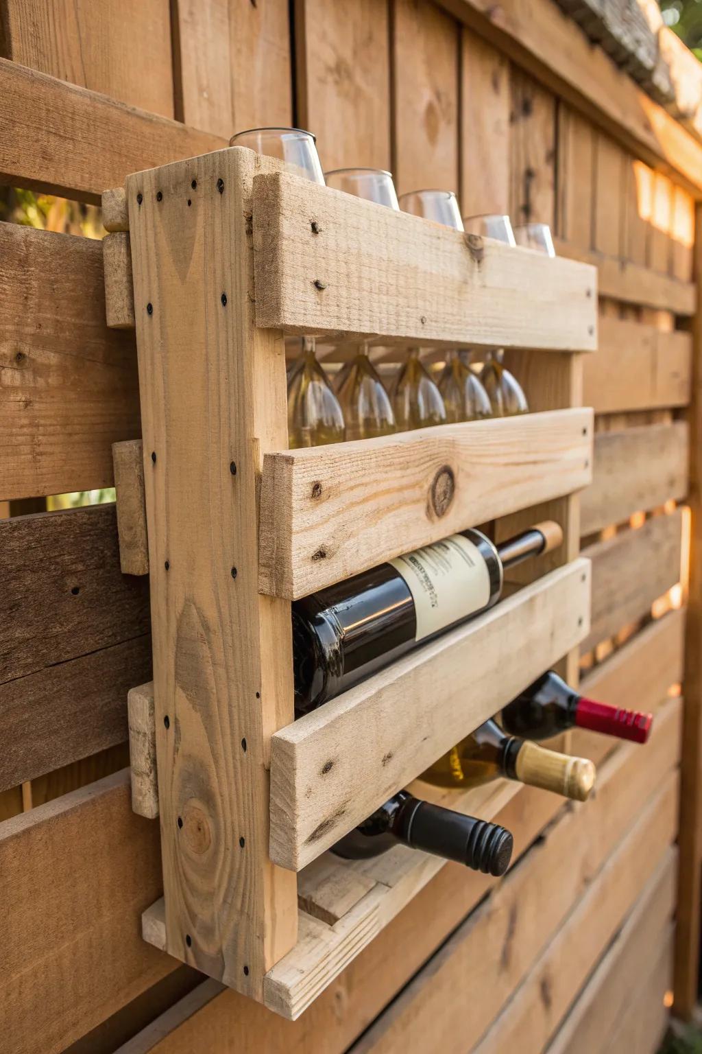 Elevate your home bar with this handcrafted mini pallet wine rack – where rustic charm meets functional elegance.