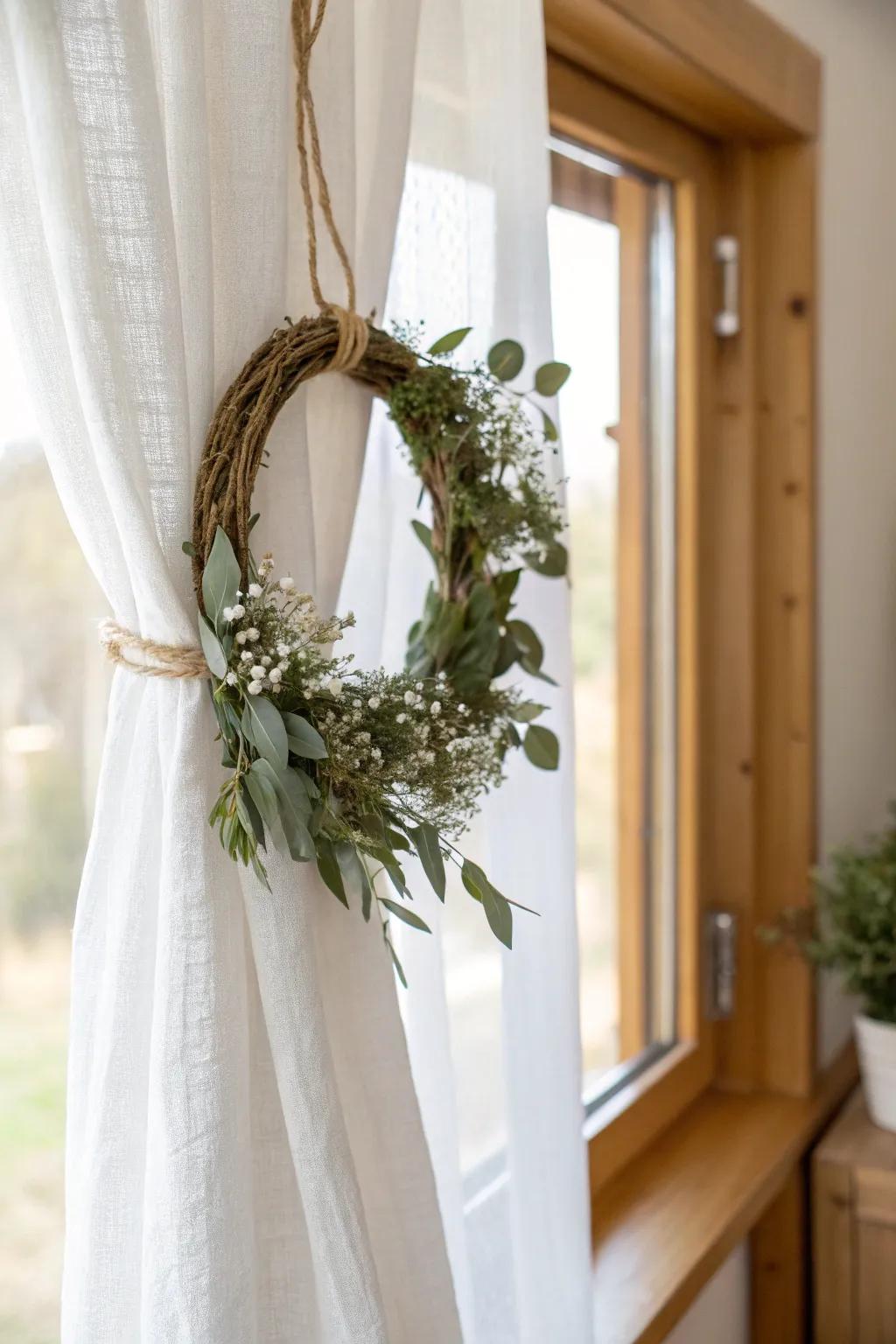 A mini wreath curtain tie adds effortless window styling—cozy, airy, and light-friendly.