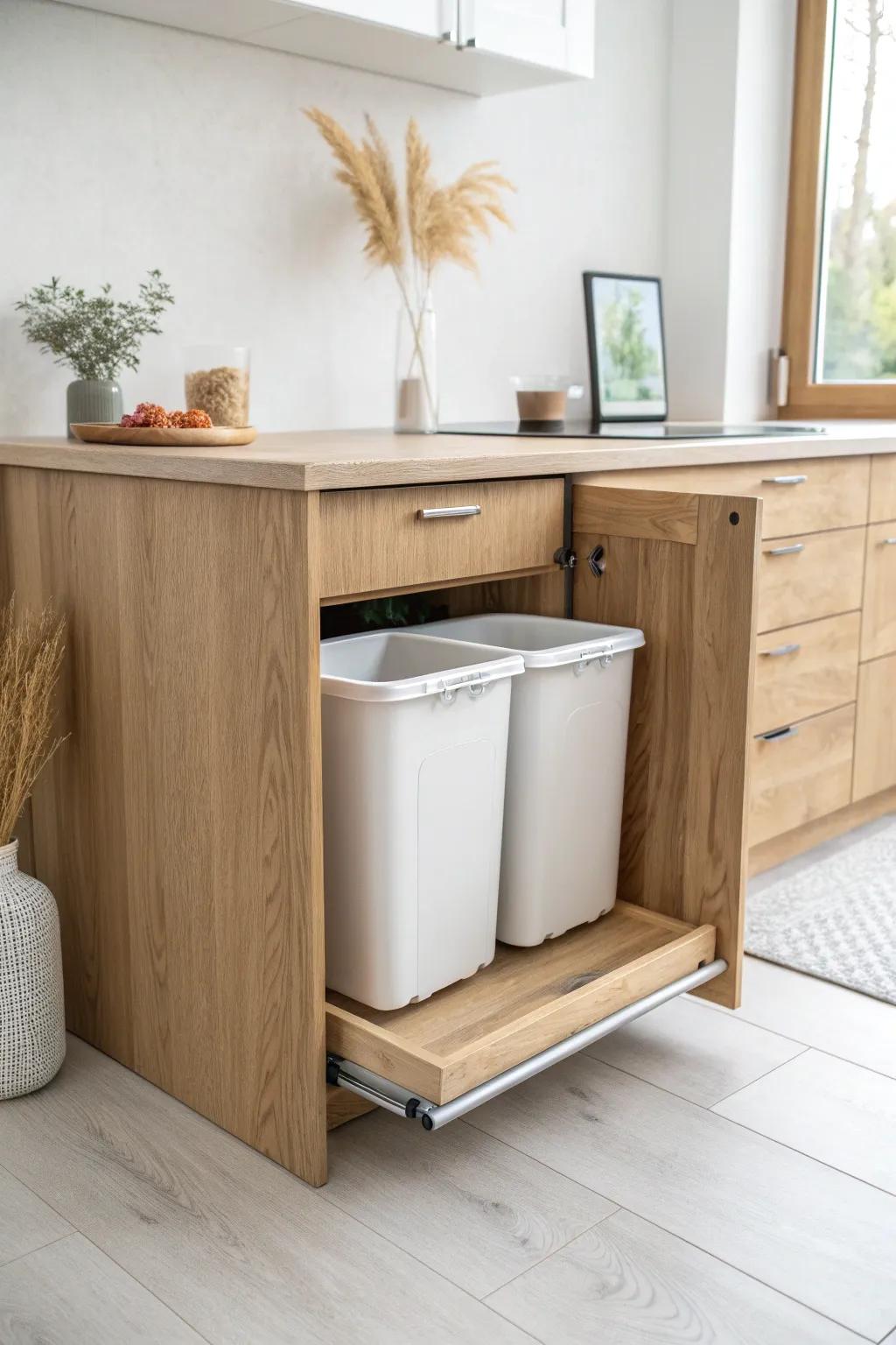A hidden pull-out bin keeps your minimalist kitchen looking instantly cleaner and calmer.