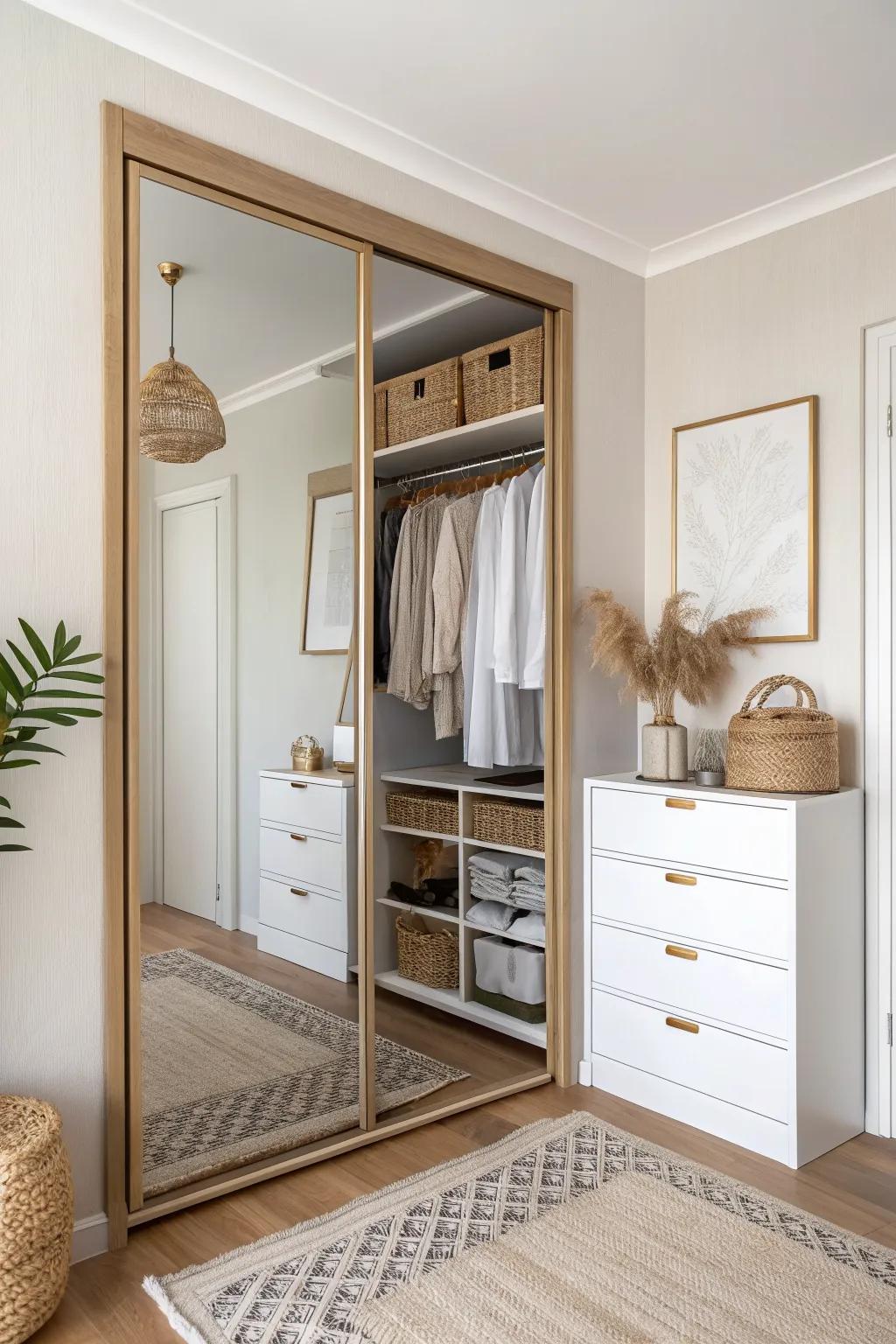 A mirrored door that opens to a tiny walk‑in—double rods, bins, and calm Scandinavian order.