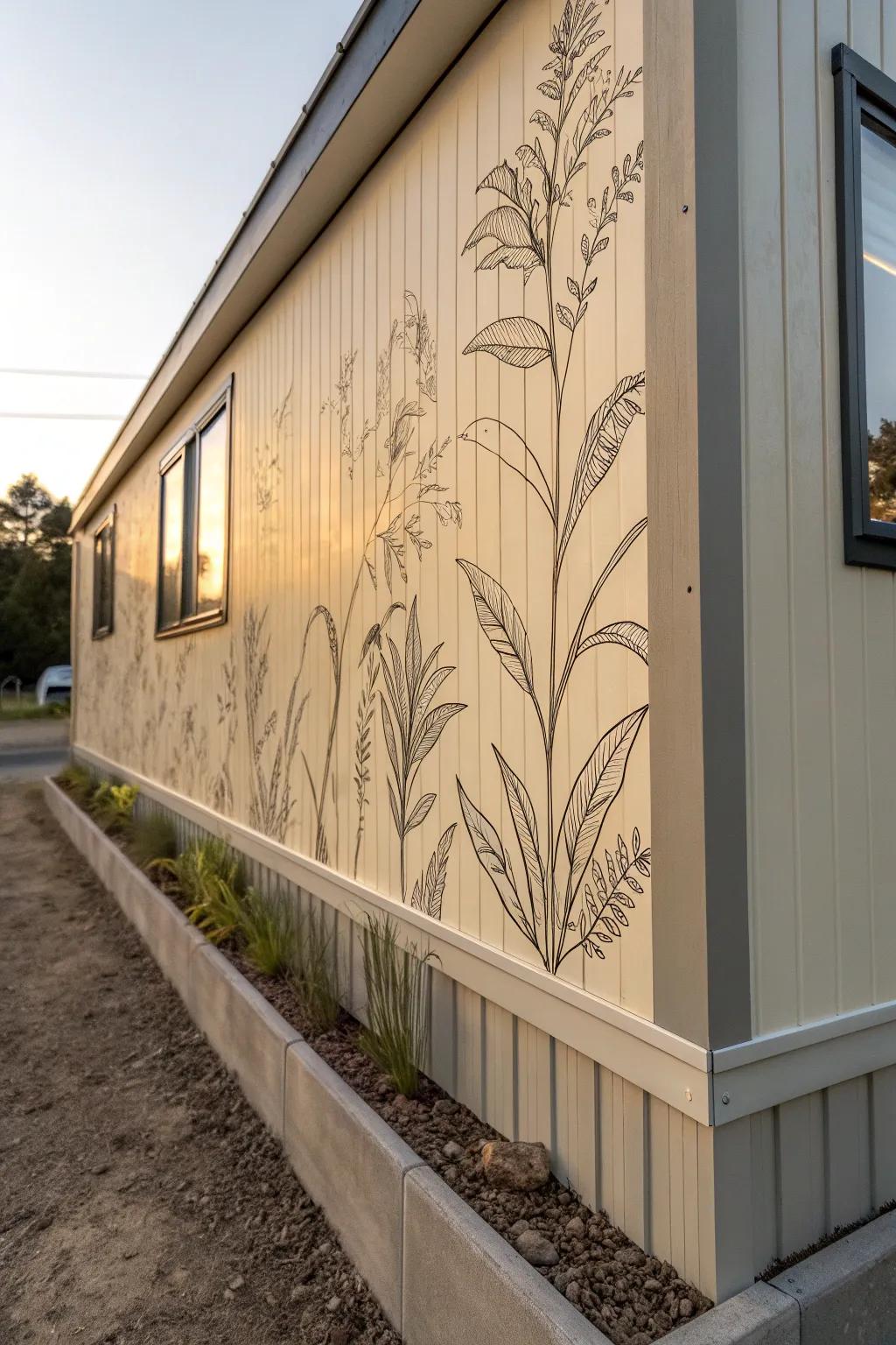 A subtle mural on skirting turns a plain mobile home base into an artful, intentional focal point.