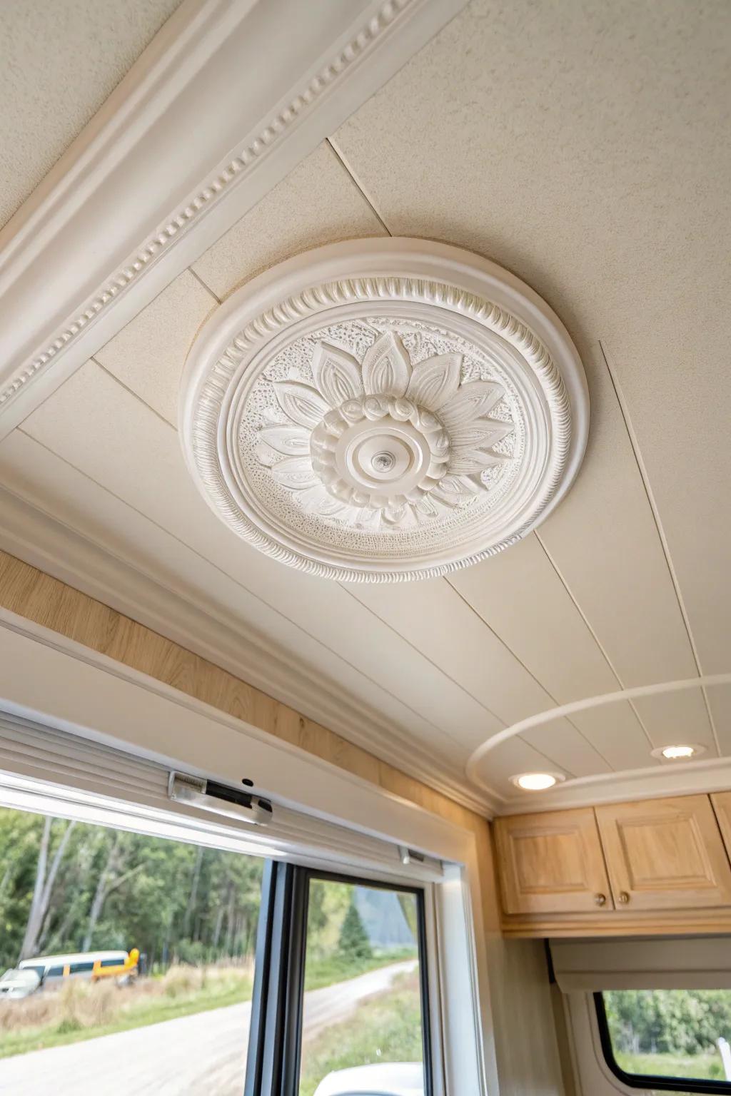 Budget ceiling trim that instantly adds faux architectural charm to a mobile home.