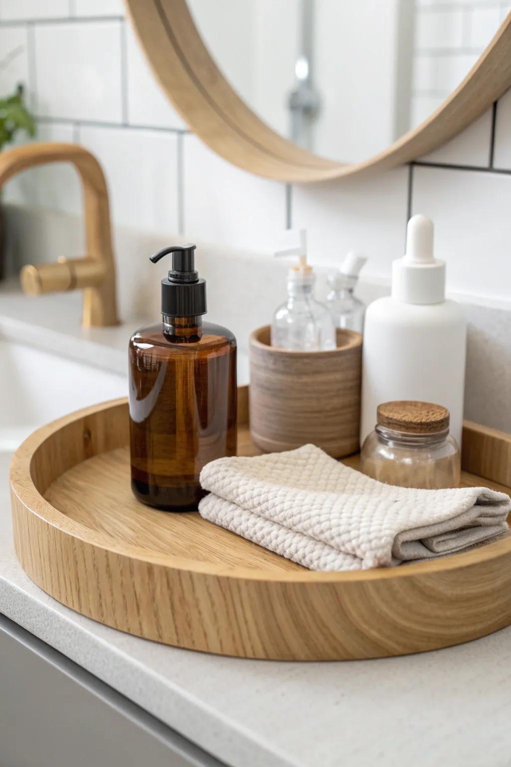 A hotel-style vanity tray makes a small mobile home master bath feel calm, curated, and luxe.