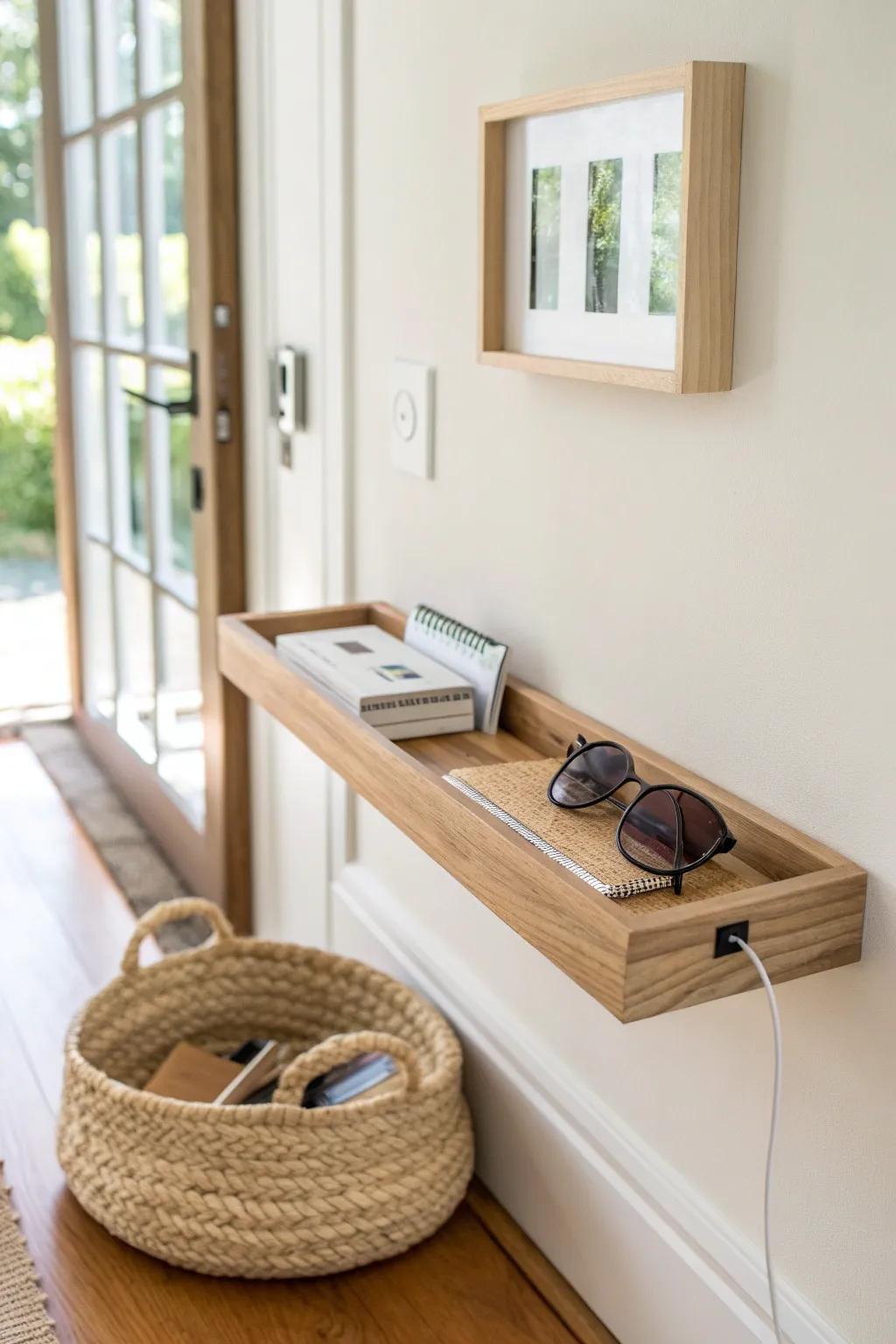 A slim “fake wall” ledge adds hidden hallway storage without stealing any walking space.