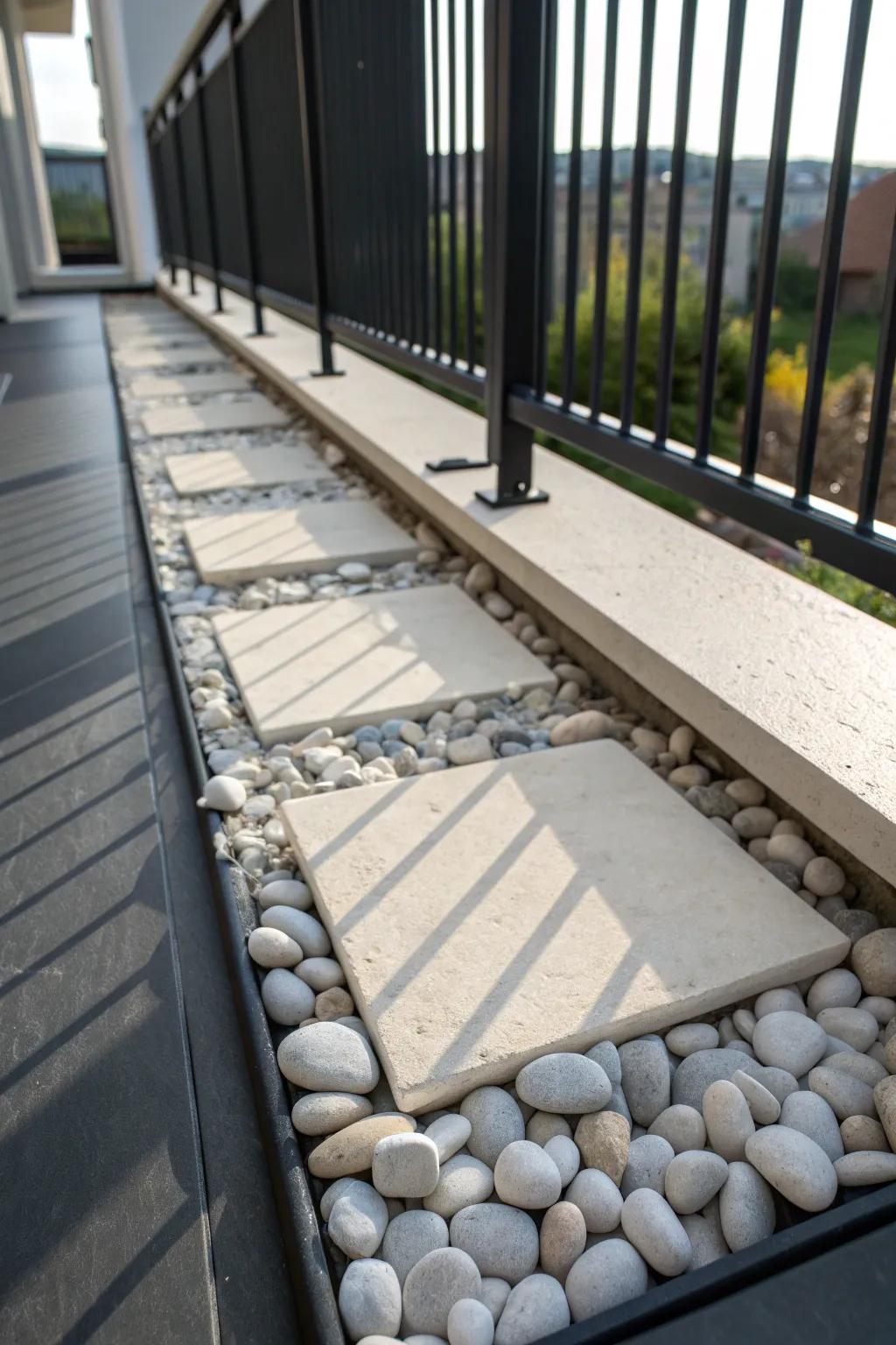 A slim pebble-and-paver “zen strip” adds spa-like calm to even the smallest balcony.