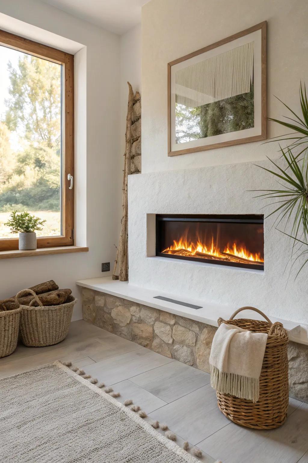 A slim electric fireplace turns a tiny bathroom corner into a calm, spa-like retreat.