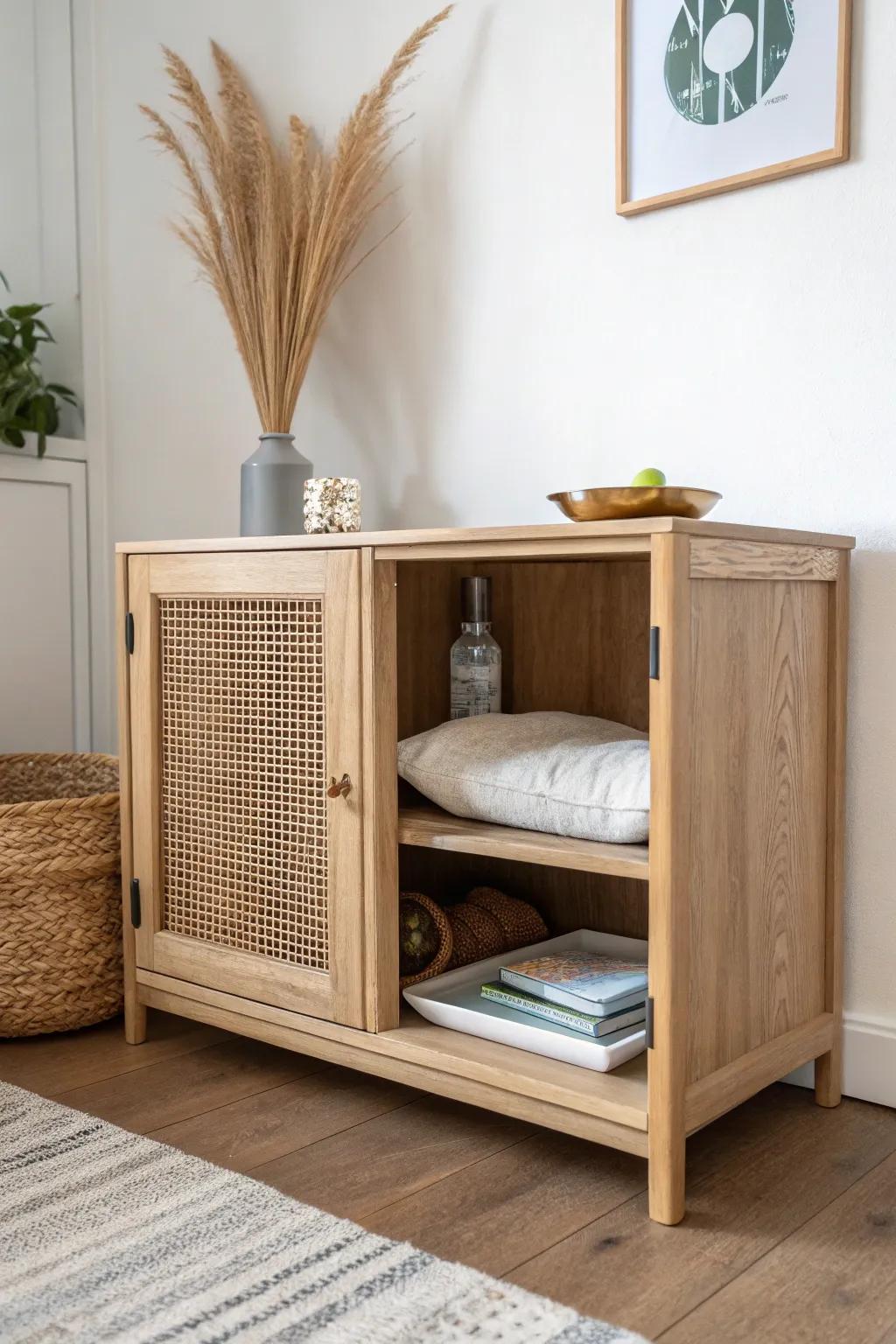 A modern pet nook in disguise—sleek crate cabinet with hidden storage for a guest-ready flex room.