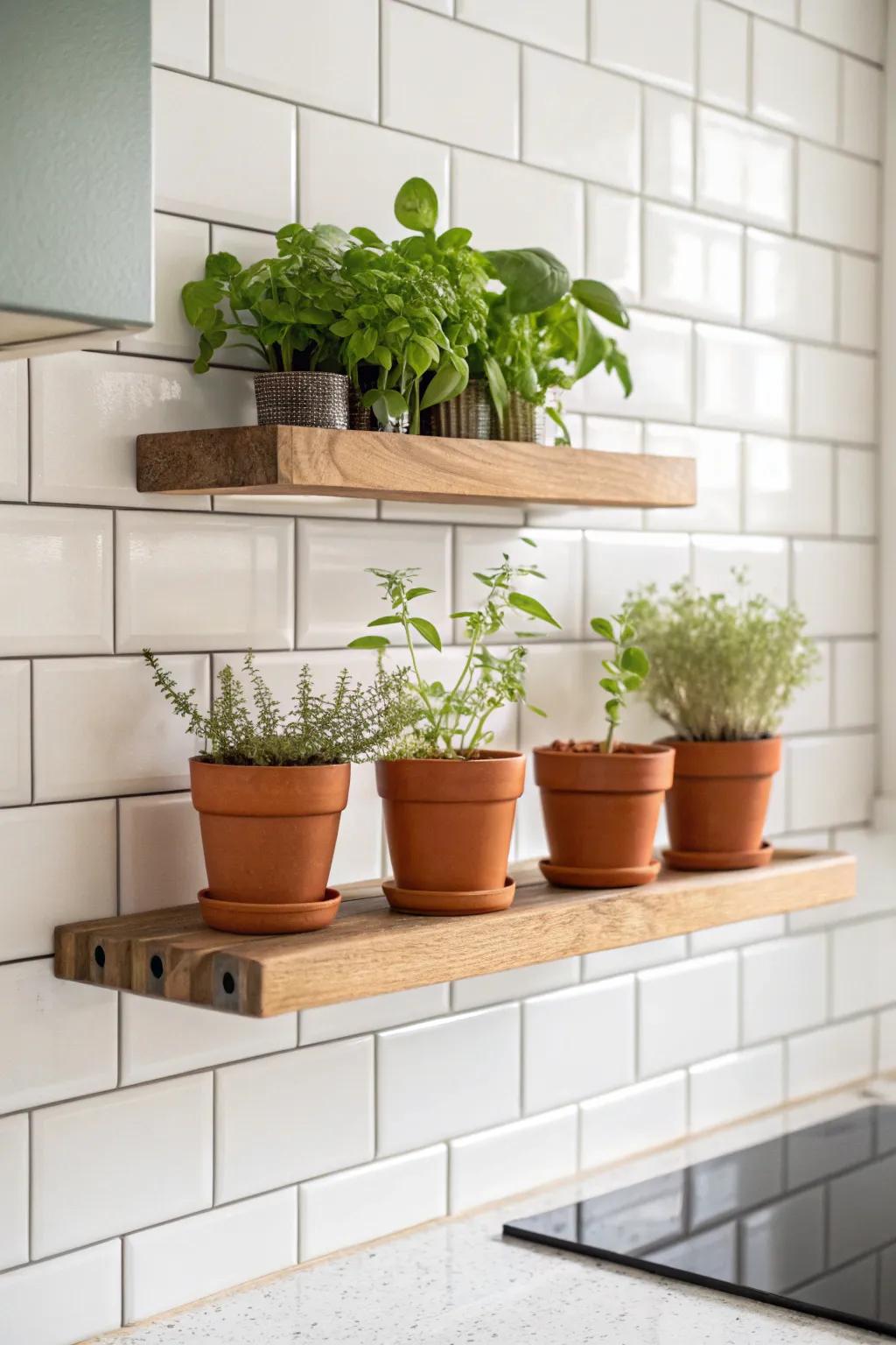 Tiny backsplash herb shelf: a fresh, space-saving upgrade that brings life to a small kitchen.