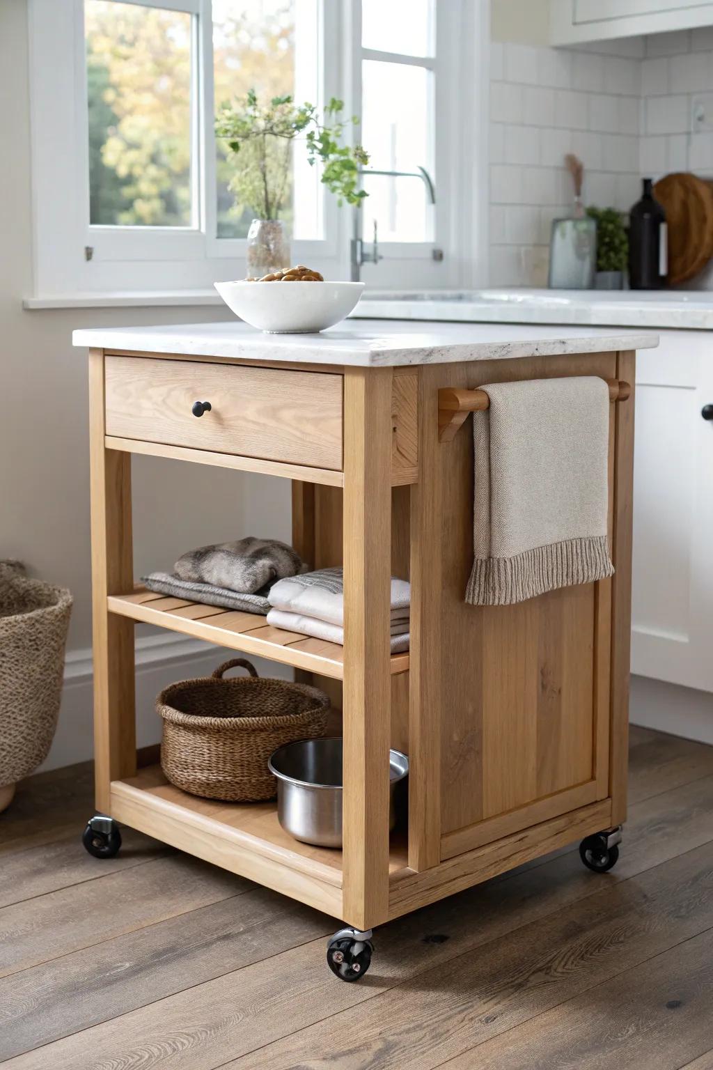 A rolling kitchen island with a cozy built-in pet nook—extra prep space, calmer paws.