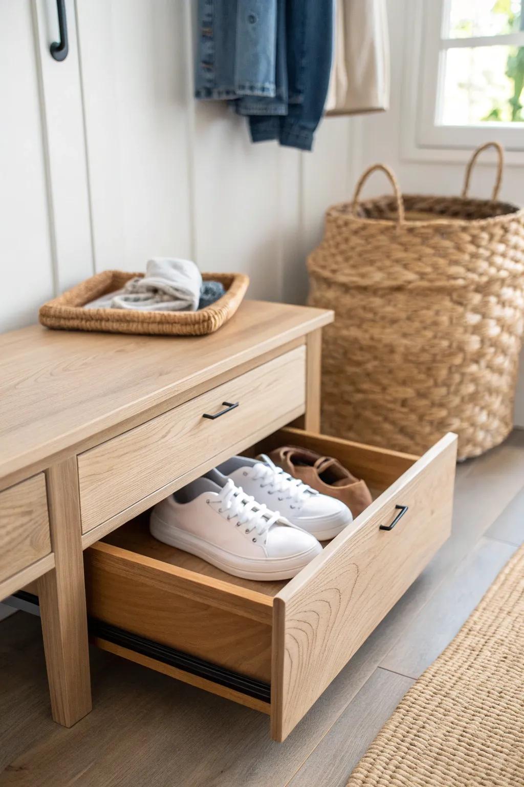 A hidden toe-kick drawer turns “dead” space under your bench into sleek shoe storage.