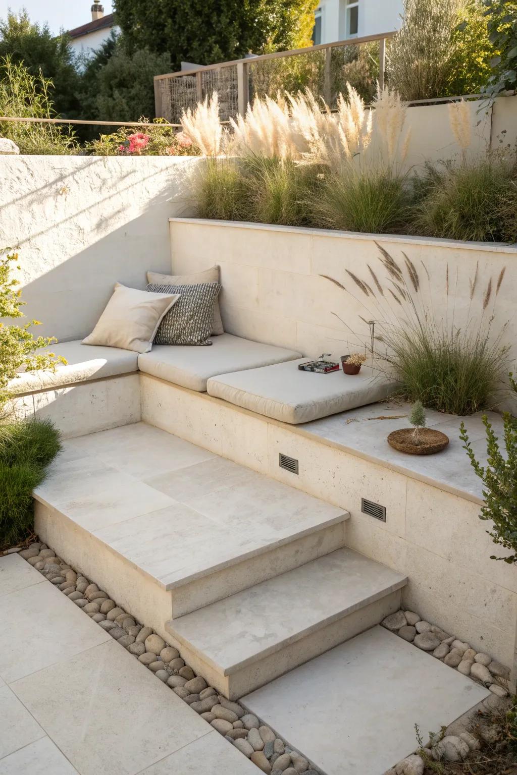 A tiny sunken seating nook turns a narrow garden into a cozy boutique courtyard.
