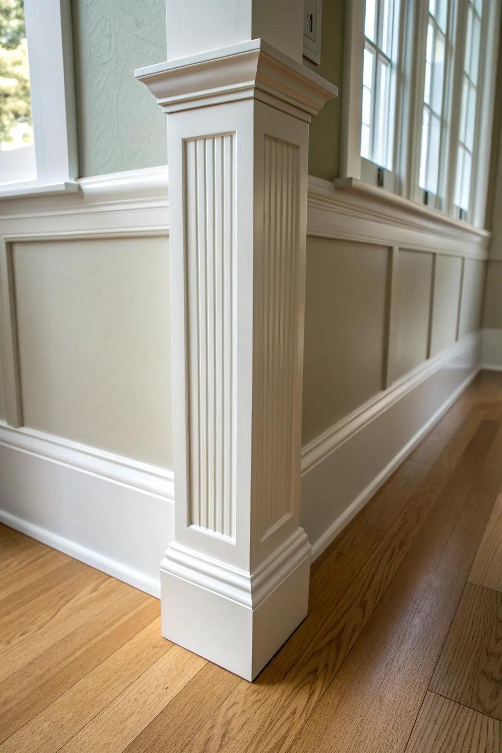 Shallow trim “columns” add mini-arch breaks that make a narrow hallway feel curated.