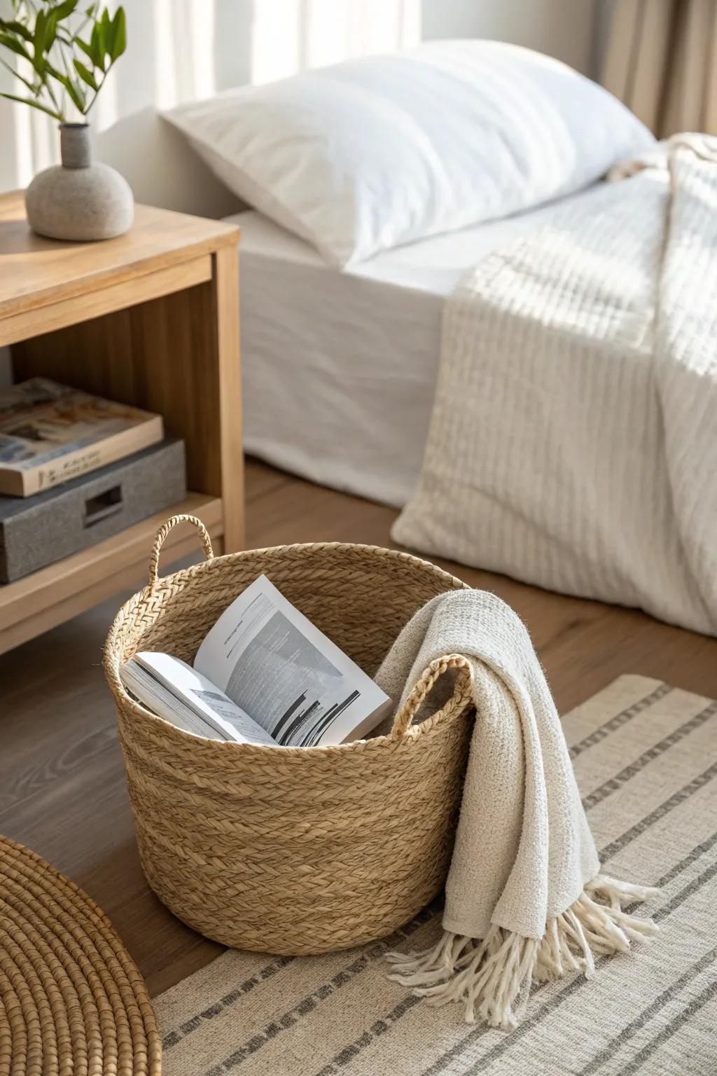 A woven basket under the nightstand adds hidden storage for blankets and big books.