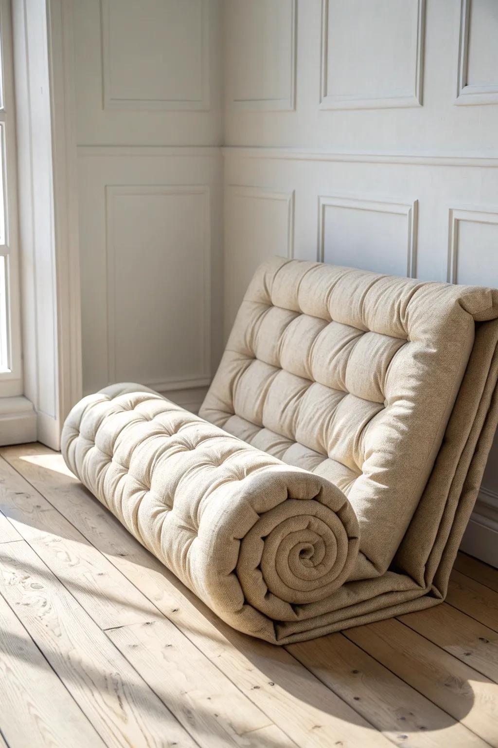 Full futon mode: roll it up each morning for instant floor space and a calmer room.