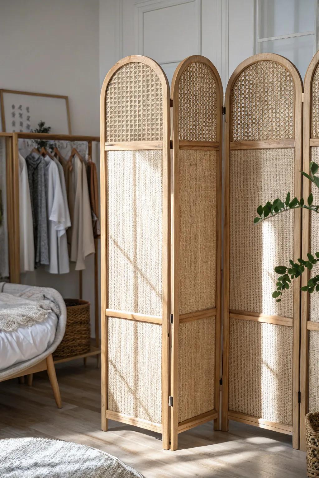 A folding screen creates an instant “closet wall” in a small bedroom—pretty and movable.