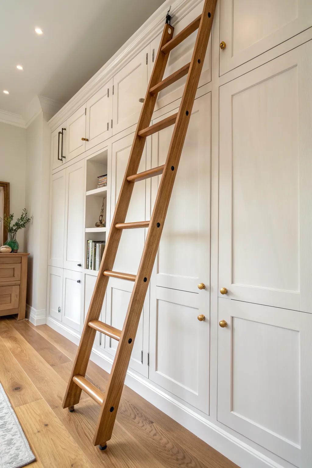 A rolling library ladder makes extra-tall office cabinets practical—and instantly Pinterest-pretty.