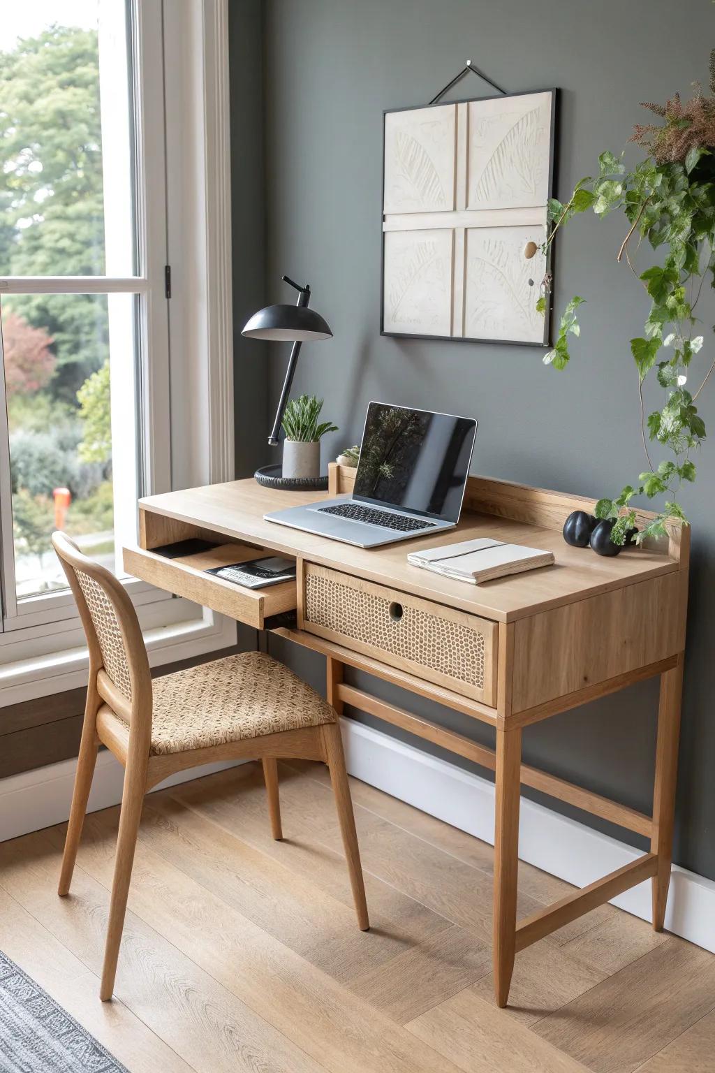 A sliding desk on rails lets your workspace glide to the best light—ideal for small spaces.