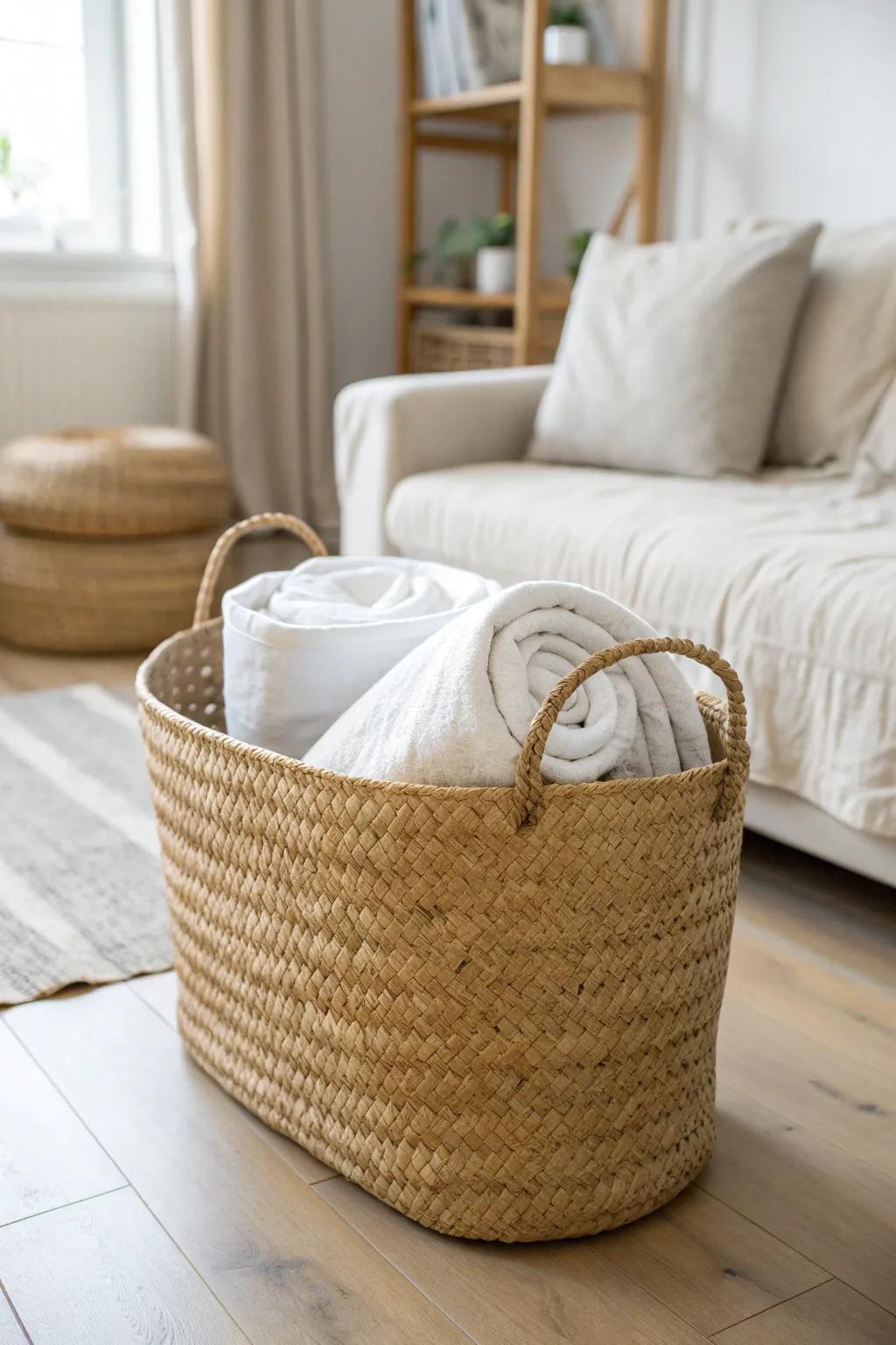 A slim linen basket by the sofa bed makes the office-to-guest-bed switch effortless in minutes.