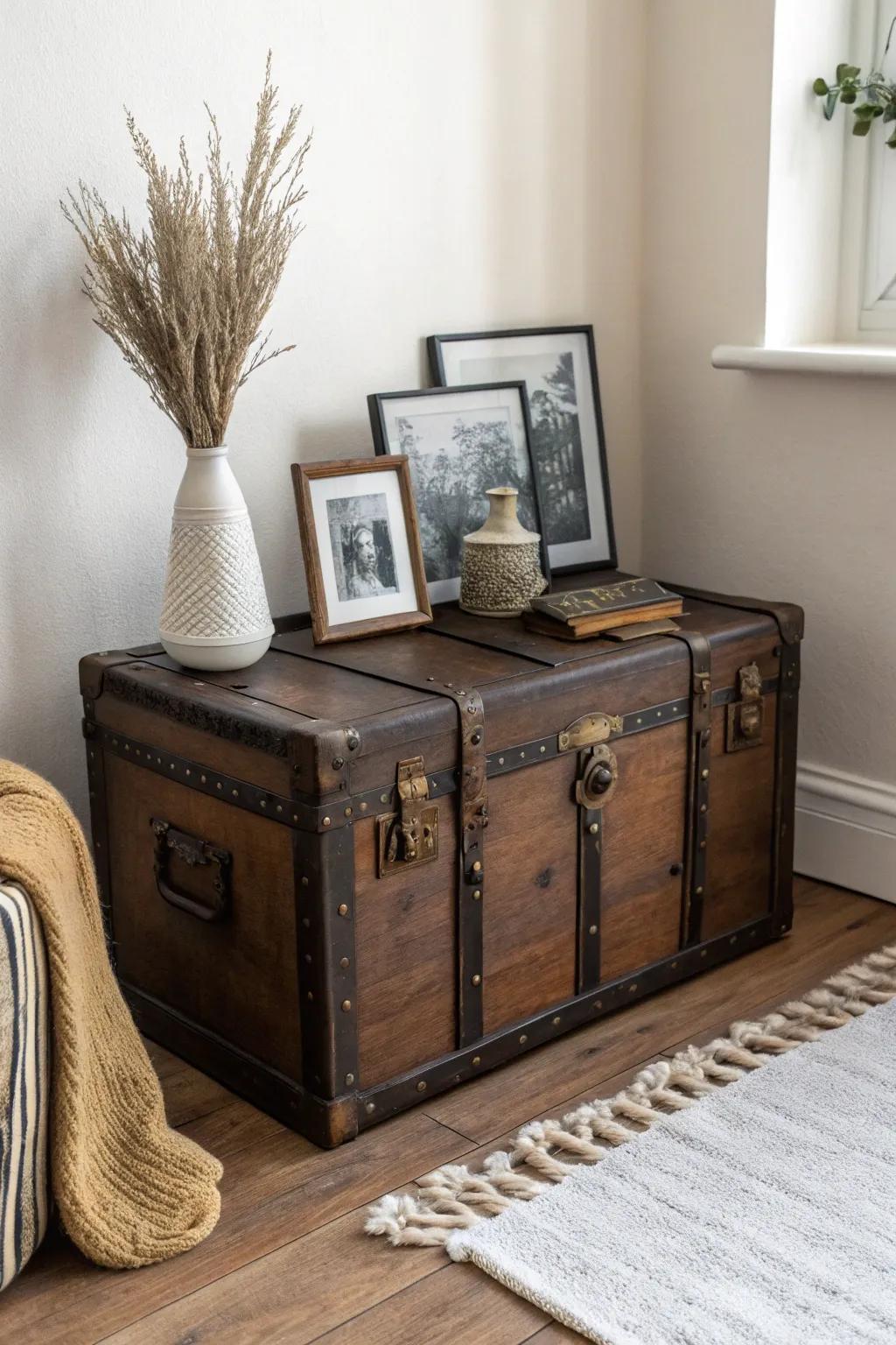 Turn an old trunk into a curated memory display—beautiful on top, organized keepsakes inside.