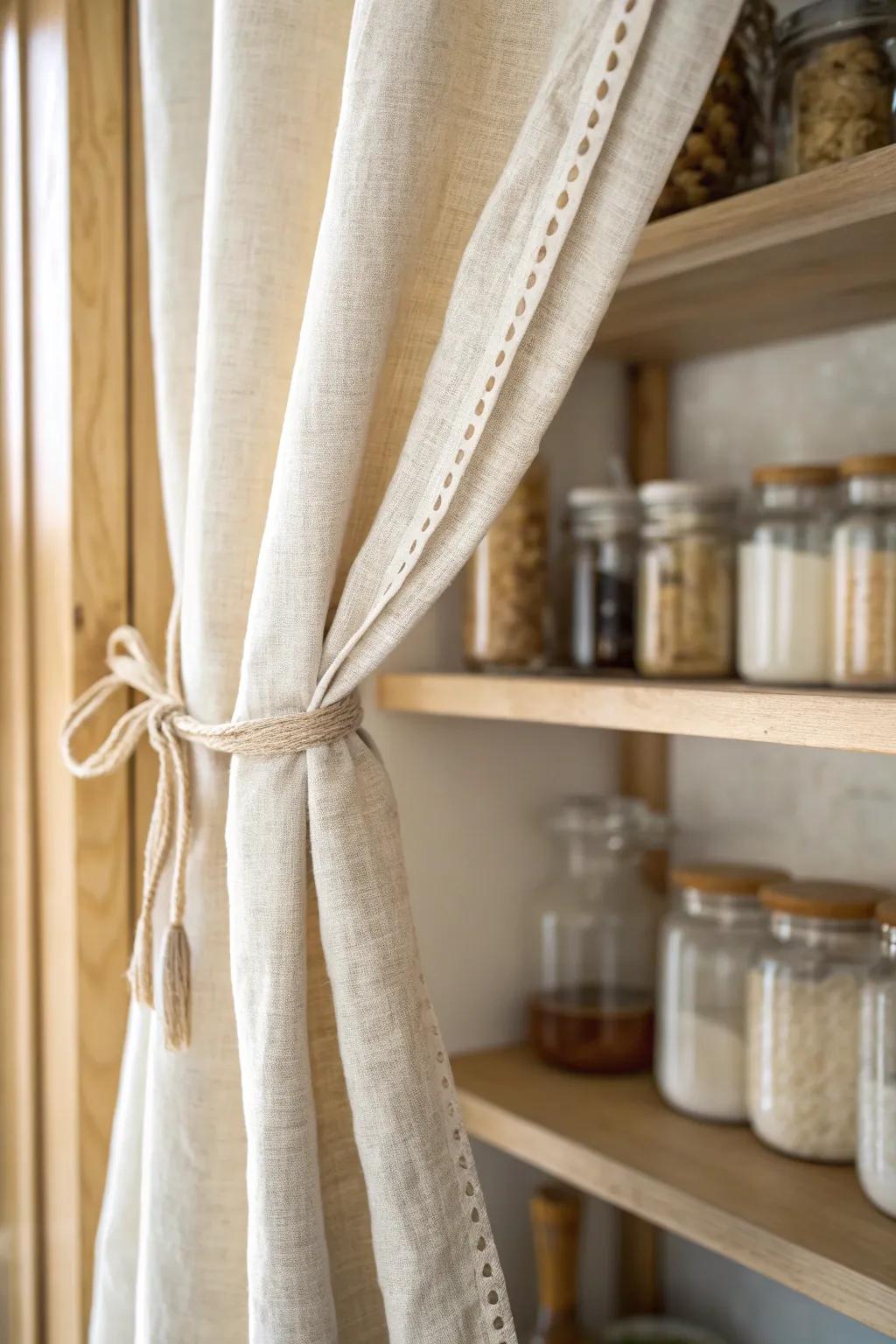 A simple linen curtain softens an open pantry—hide clutter or style it in seconds.