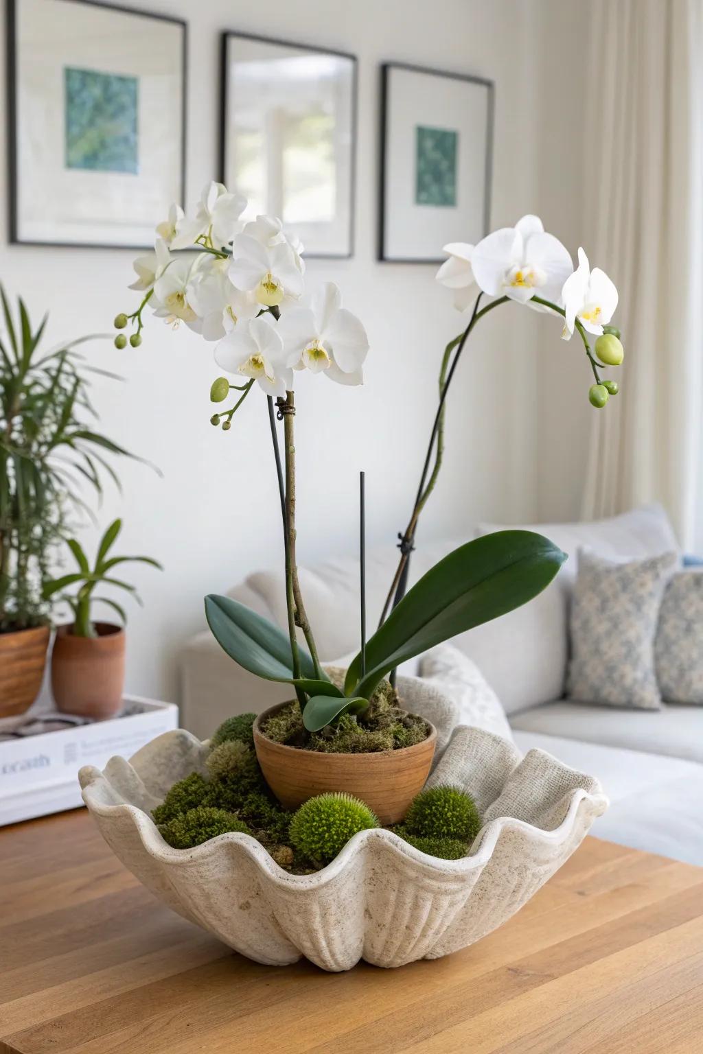Clam-shell orchid bowl with moss balls and sheet moss—an instant coastal centerpiece for small spaces.