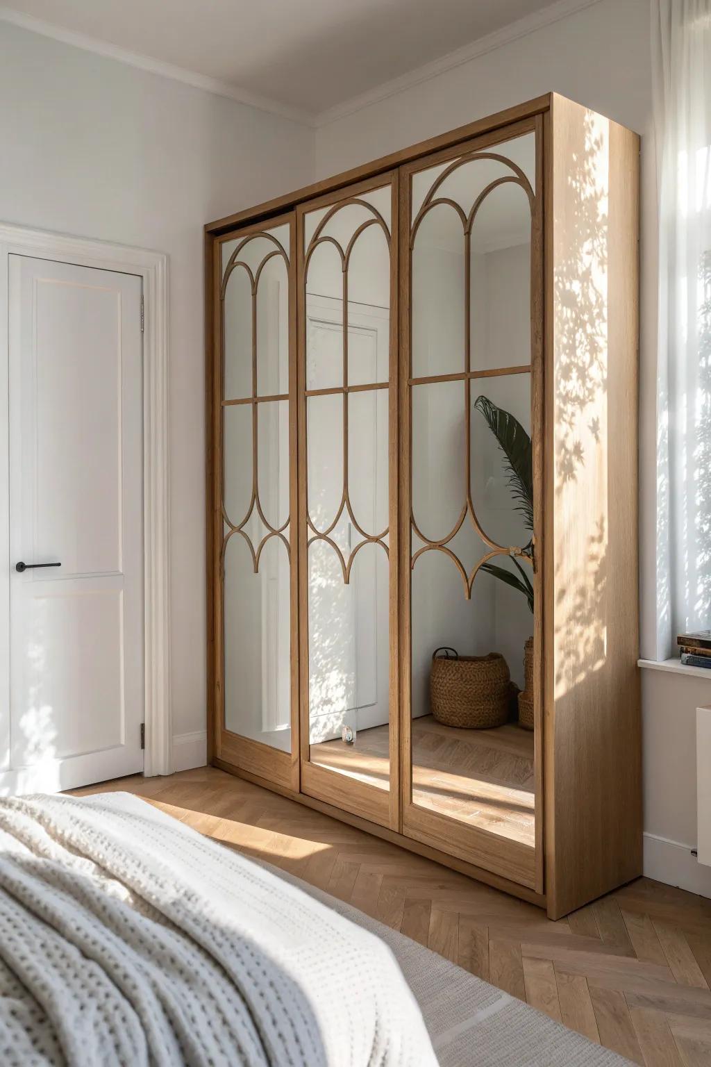 A laser-cut overlay turns mirrored closet doors into shifting, sunlit wall art for small rooms.