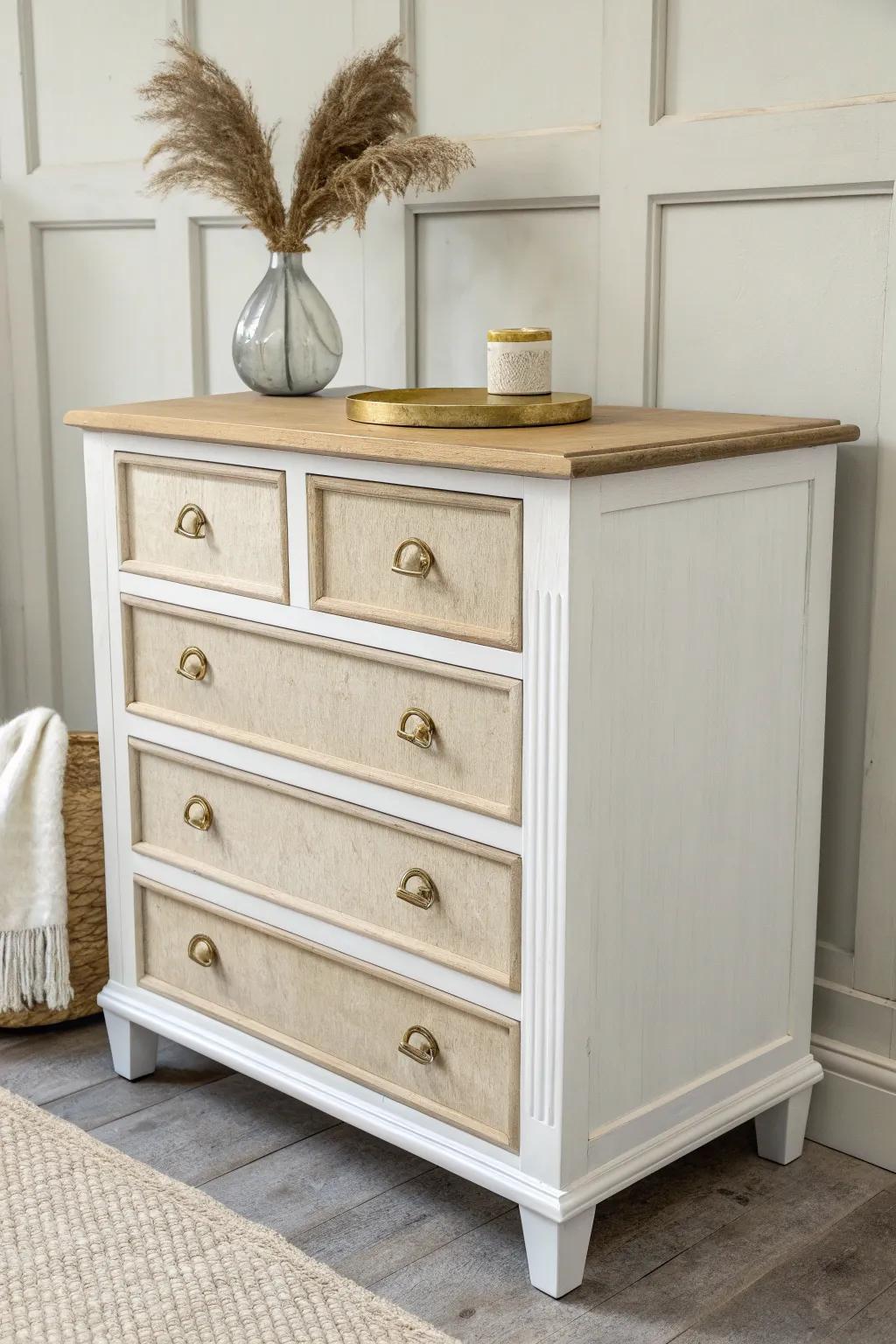 Trompe l’oeil panels make this small dresser look like custom built-in millwork.