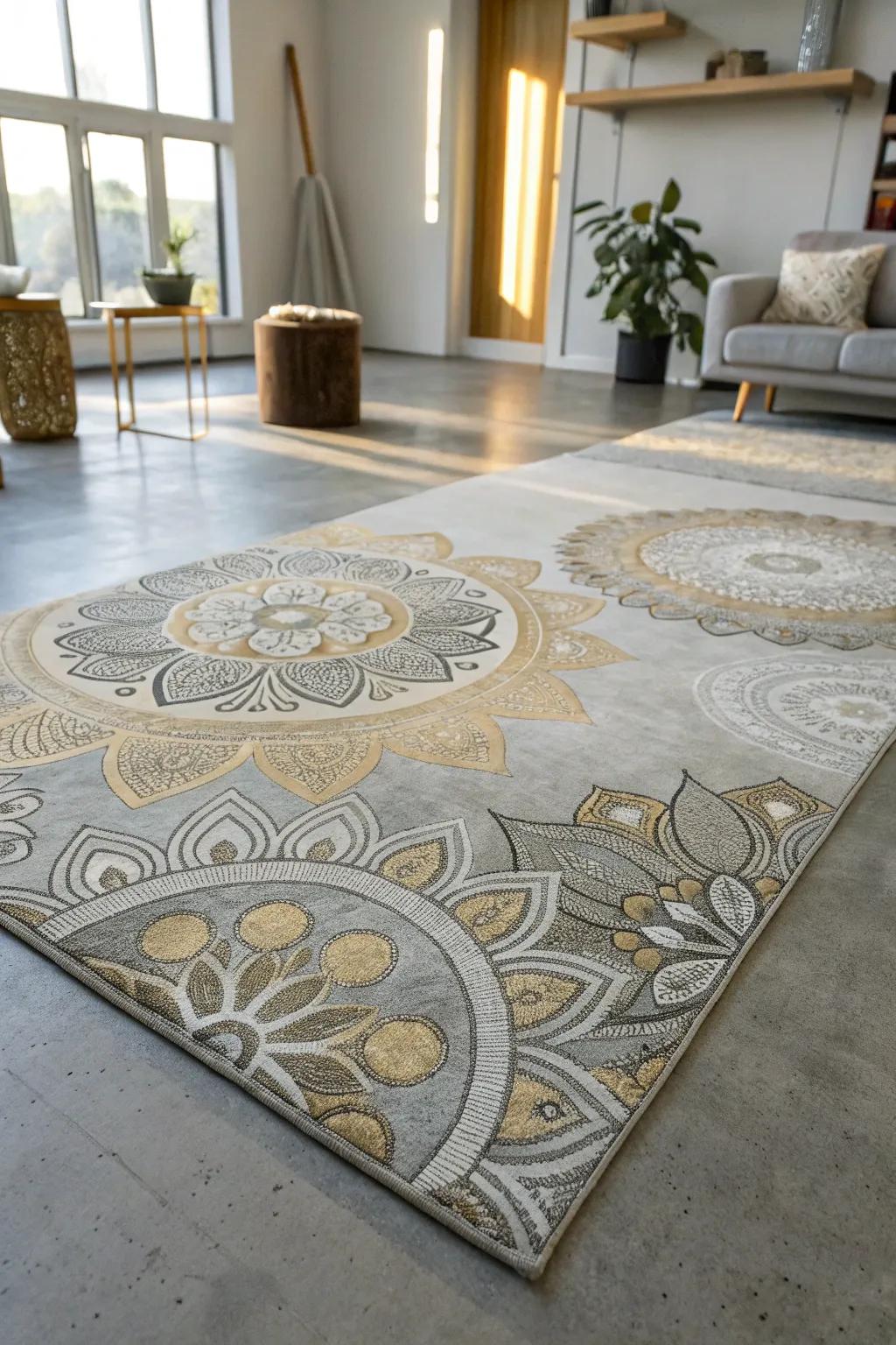 Elevate your space with a touch of industrial elegance: a metallic painted rug that adds depth and character to any concrete floor.