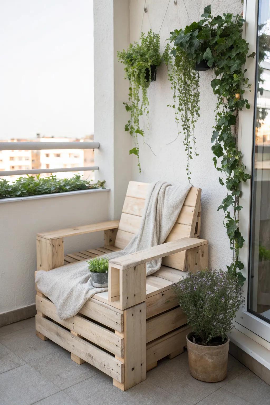 A pallet chair with planter arms—minimal, cozy, and like a tiny garden on your balcony.
