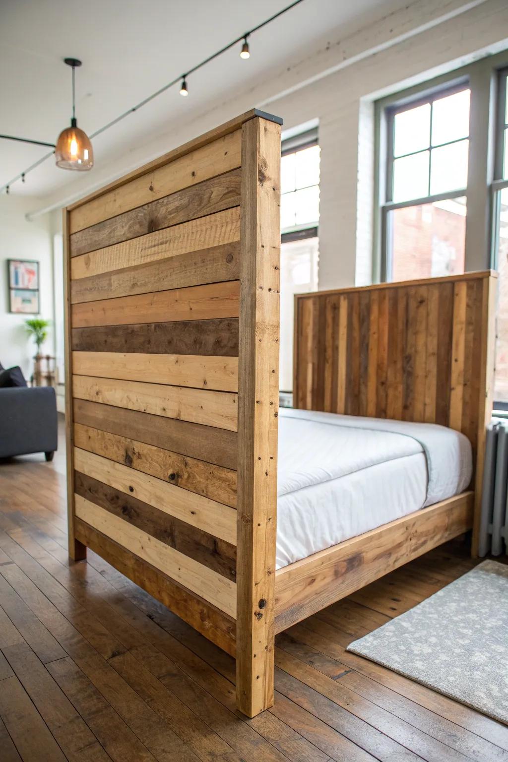 A tall pallet headboard that doubles as a room divider—warm, minimalist, and studio-friendly.