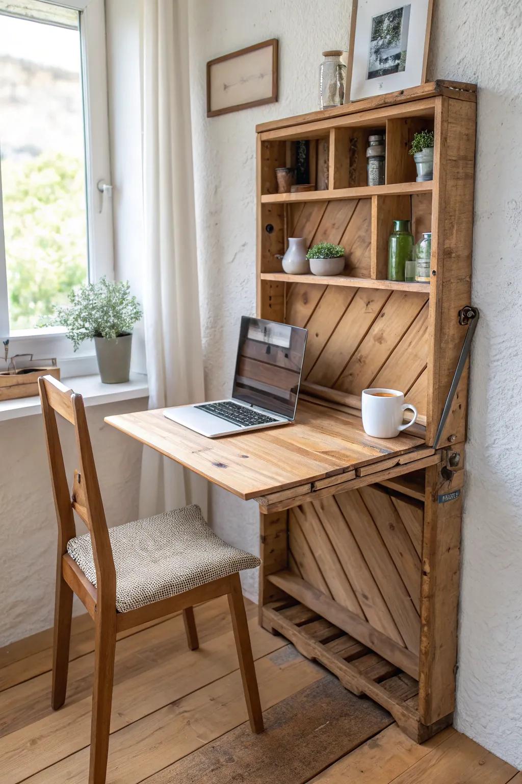 Fold-down pallet table: a wall-mounted space saver that flips open for work or dining.
