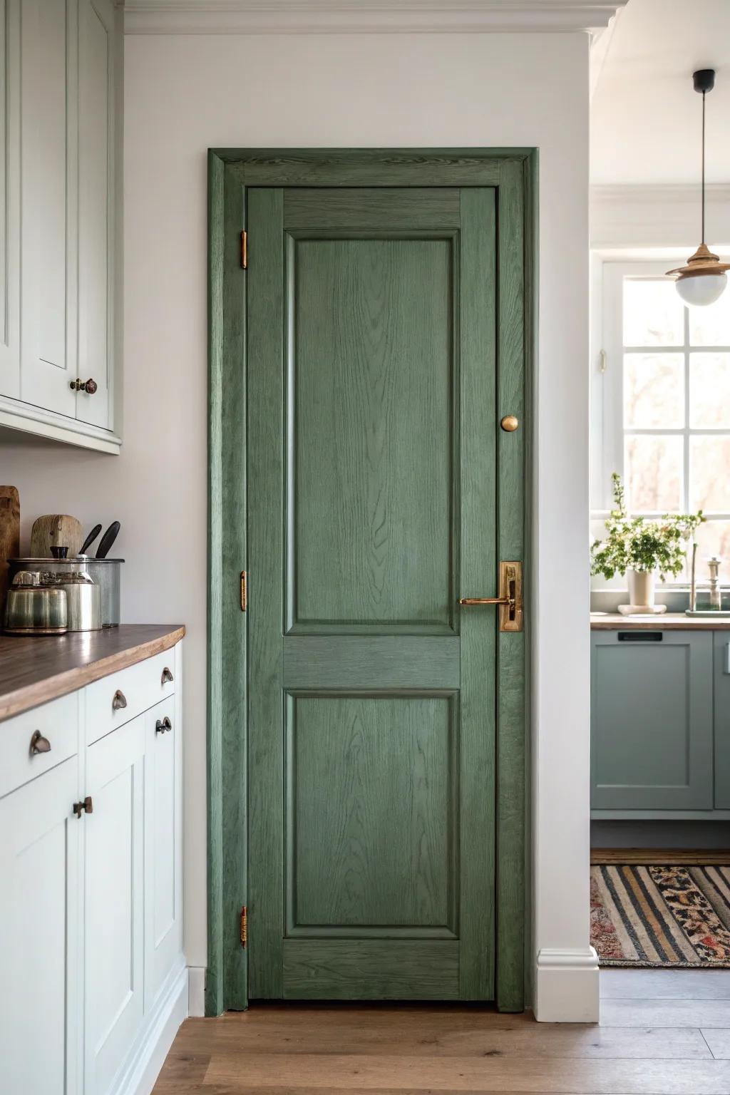 Sage vintage pantry door + brass hardware: an instant statement for a small kitchen nook.