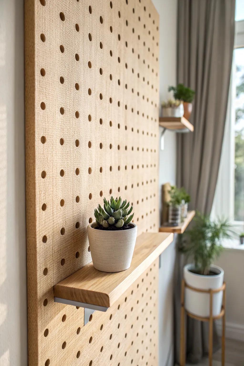 A tiny plant shelf on an entryway pegboard adds soft greenery and instant decor vibes.